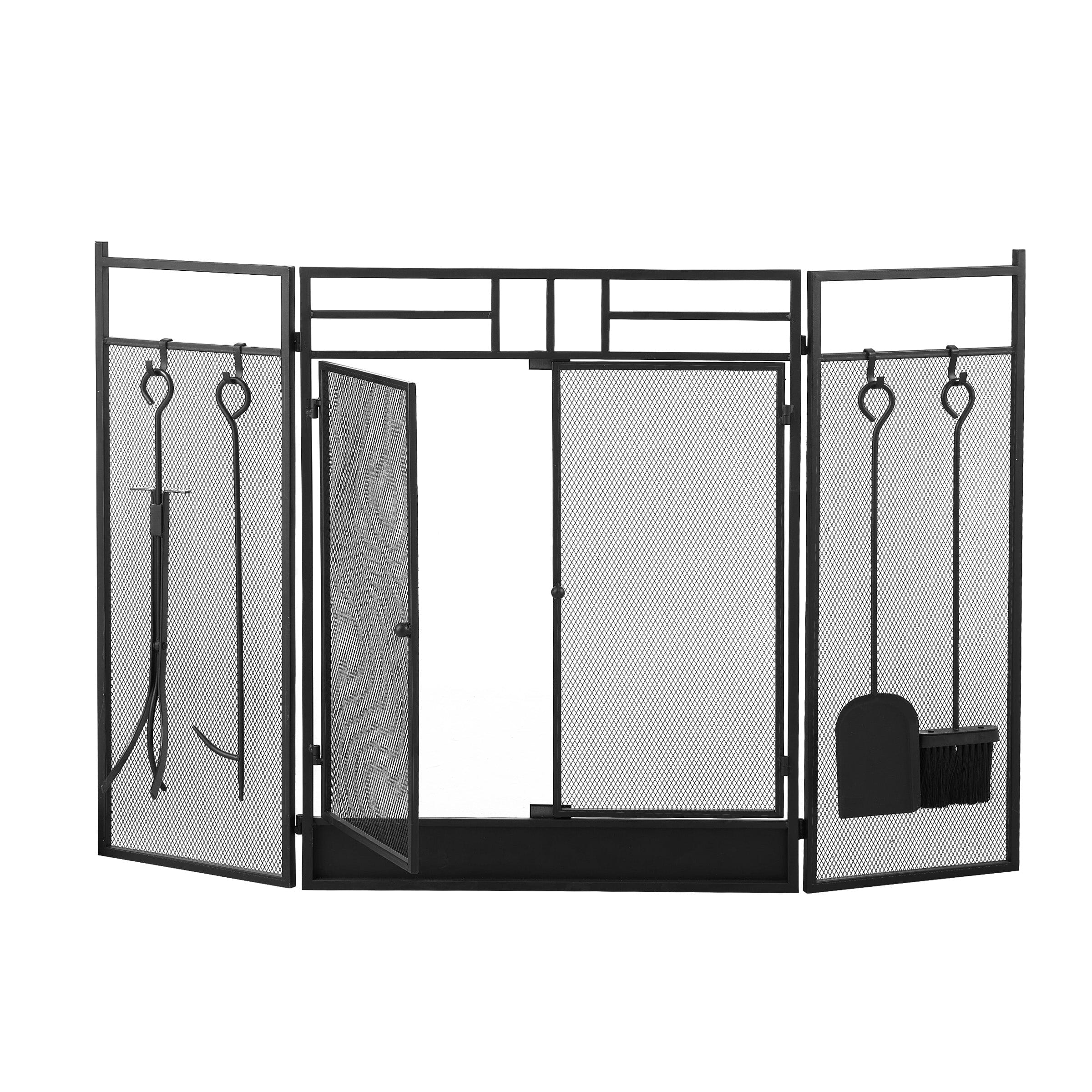 Smallbee Iron Fireplace Screen with 4-Piece Tool Set - Black Powder-Coated 122x1.3x80cm Smallbee UK 