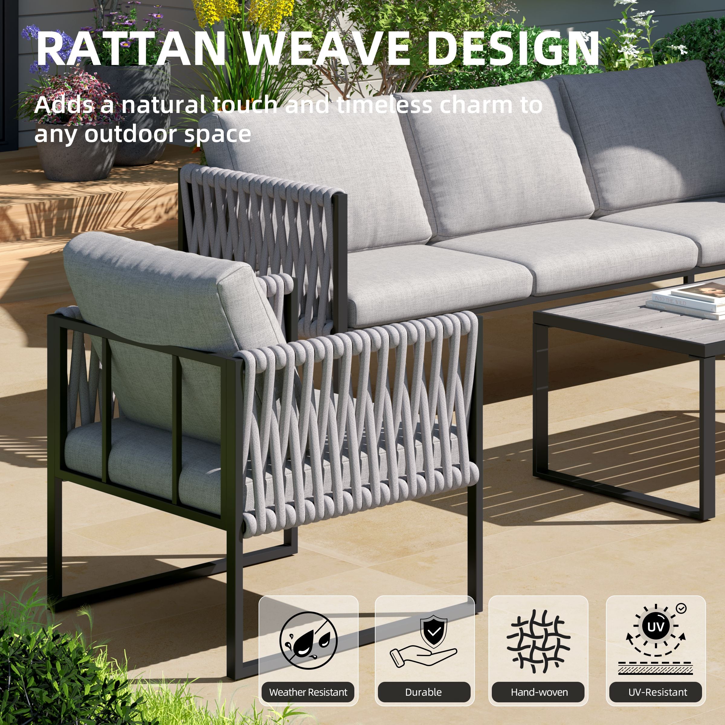 4 Piece Outdoor Garden Sofa Set with Rope Detailing and Sturdy Metal Frame Living and Home 