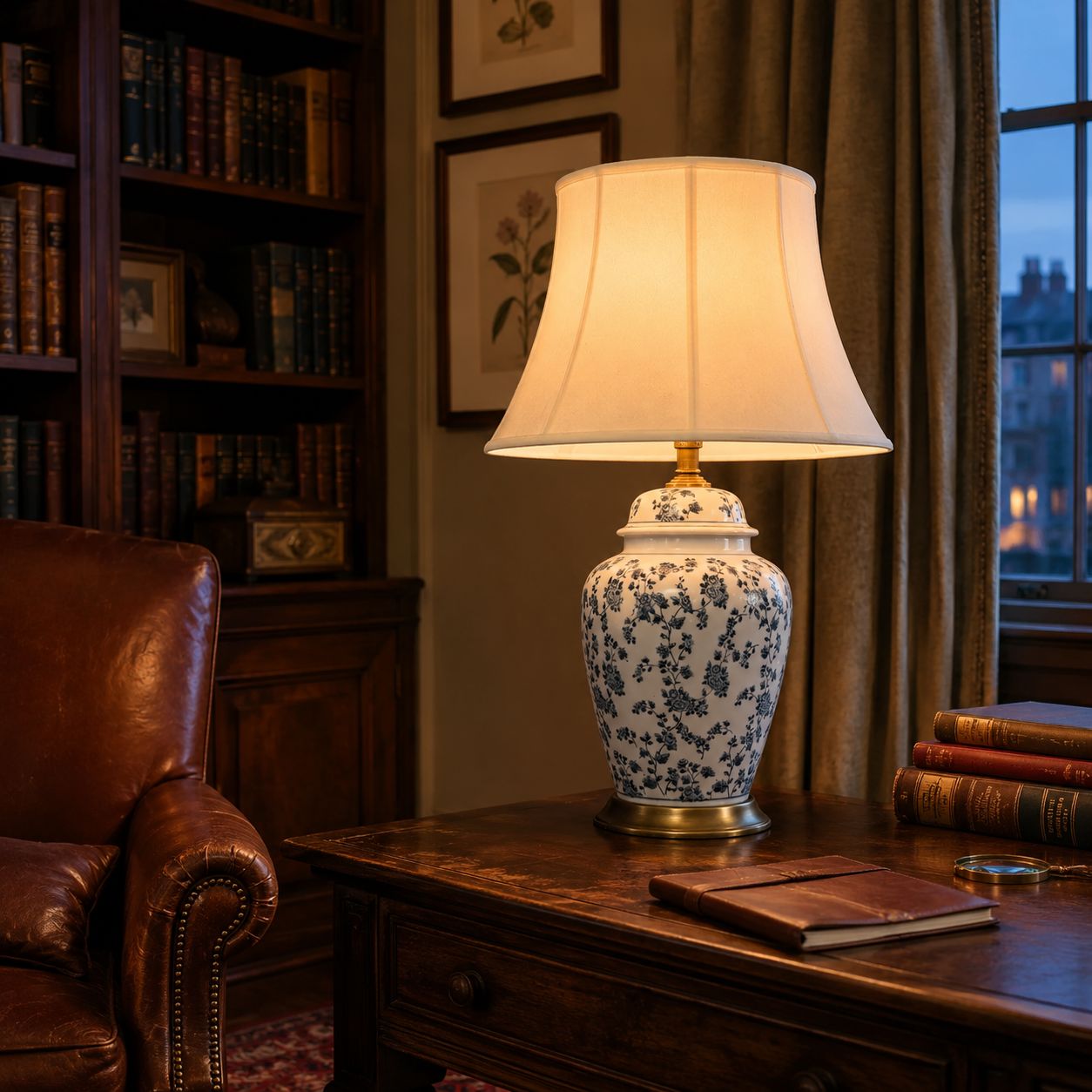 Lightsin Blue Floral Ceramic Table Lamp with Fabric Shade and Brass Base Lightsin UK 