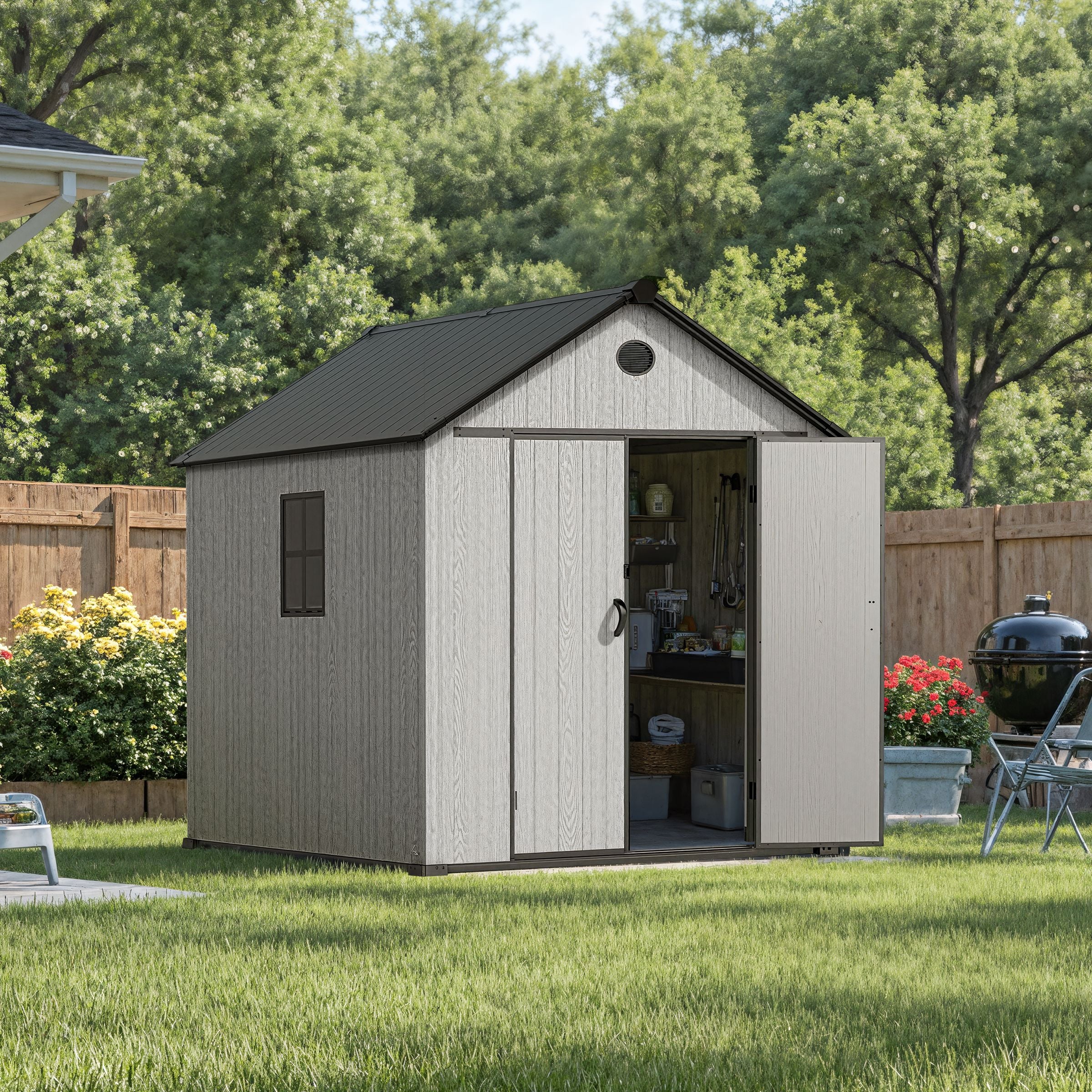 6'x8'ft/8'x8'ft/8'x12'ft/8'x16'ft Gray Wood Grain Plastic Tool Shed Living and Home 