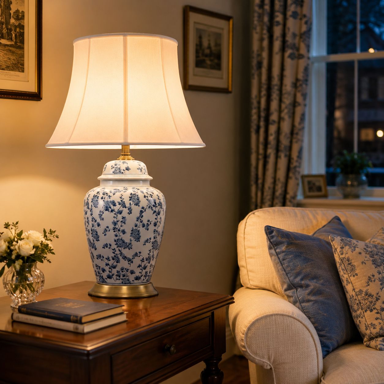 Lightsin Blue Floral Ceramic Table Lamp with Fabric Shade and Brass Base Lightsin UK 