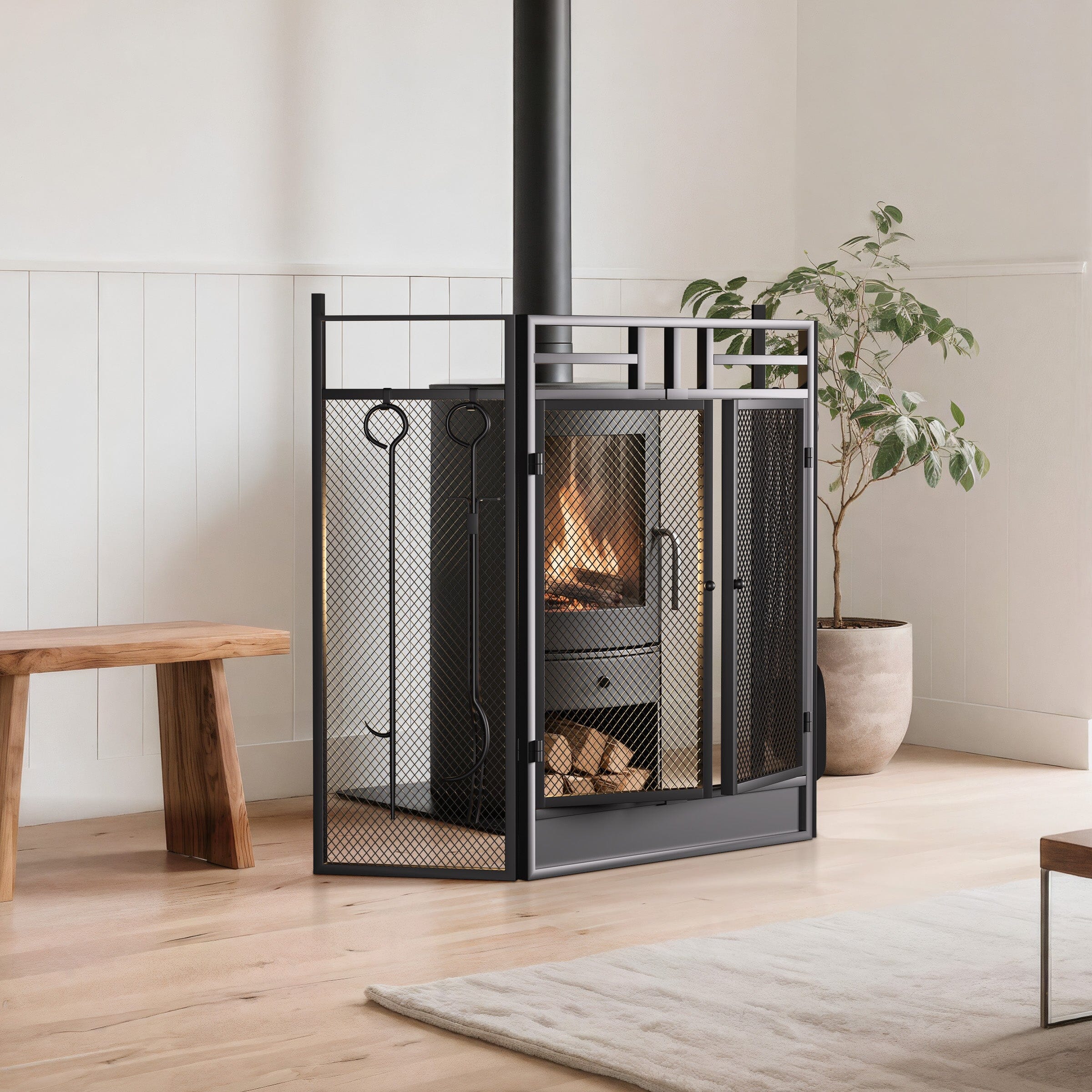 Smallbee Black Powder-Coated Iron Fireplace Screen with 4-Piece Tool Set – 122x1.3x80cm Smallbee UK 
