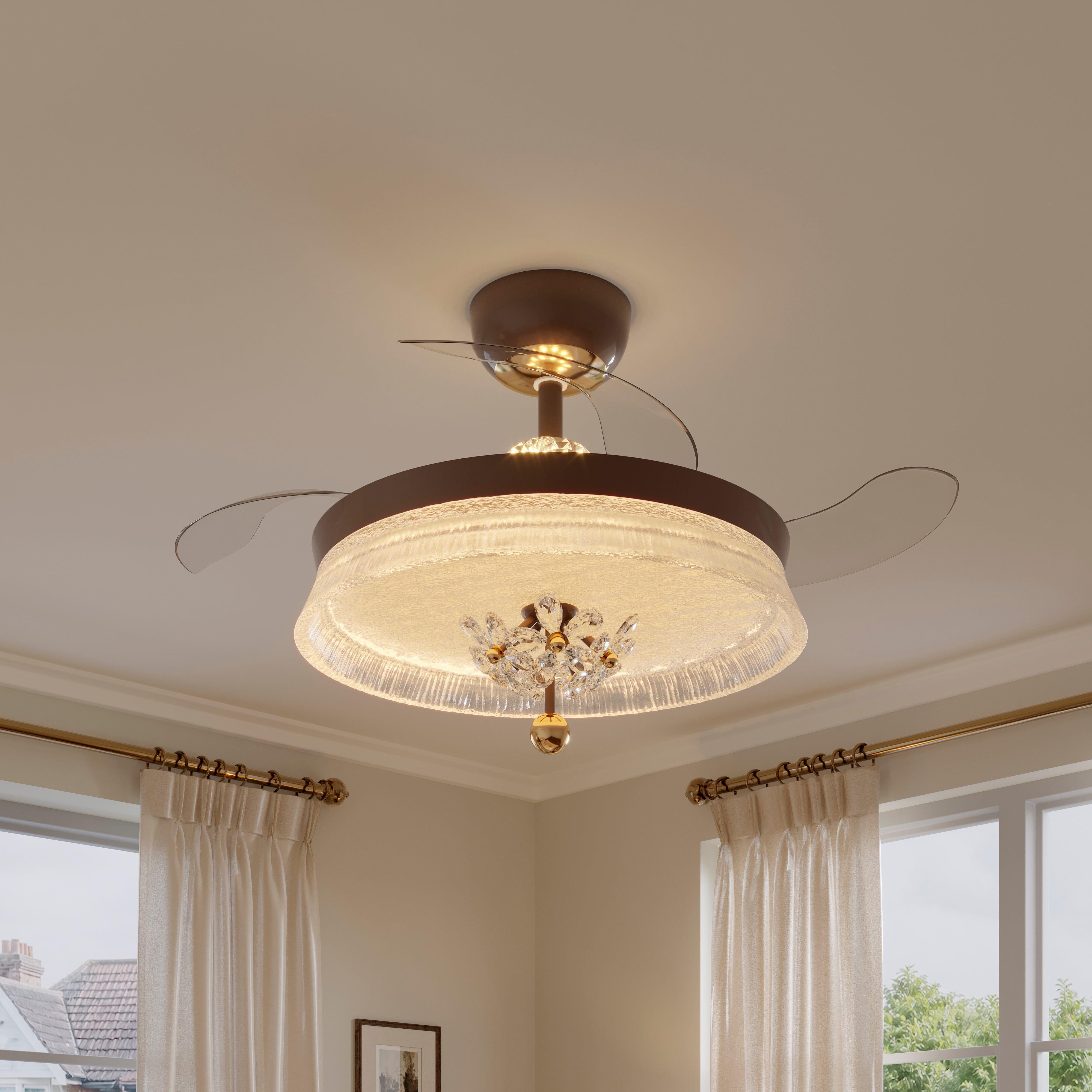 36 inch reversible ceiling fan with LED light installed in a living room