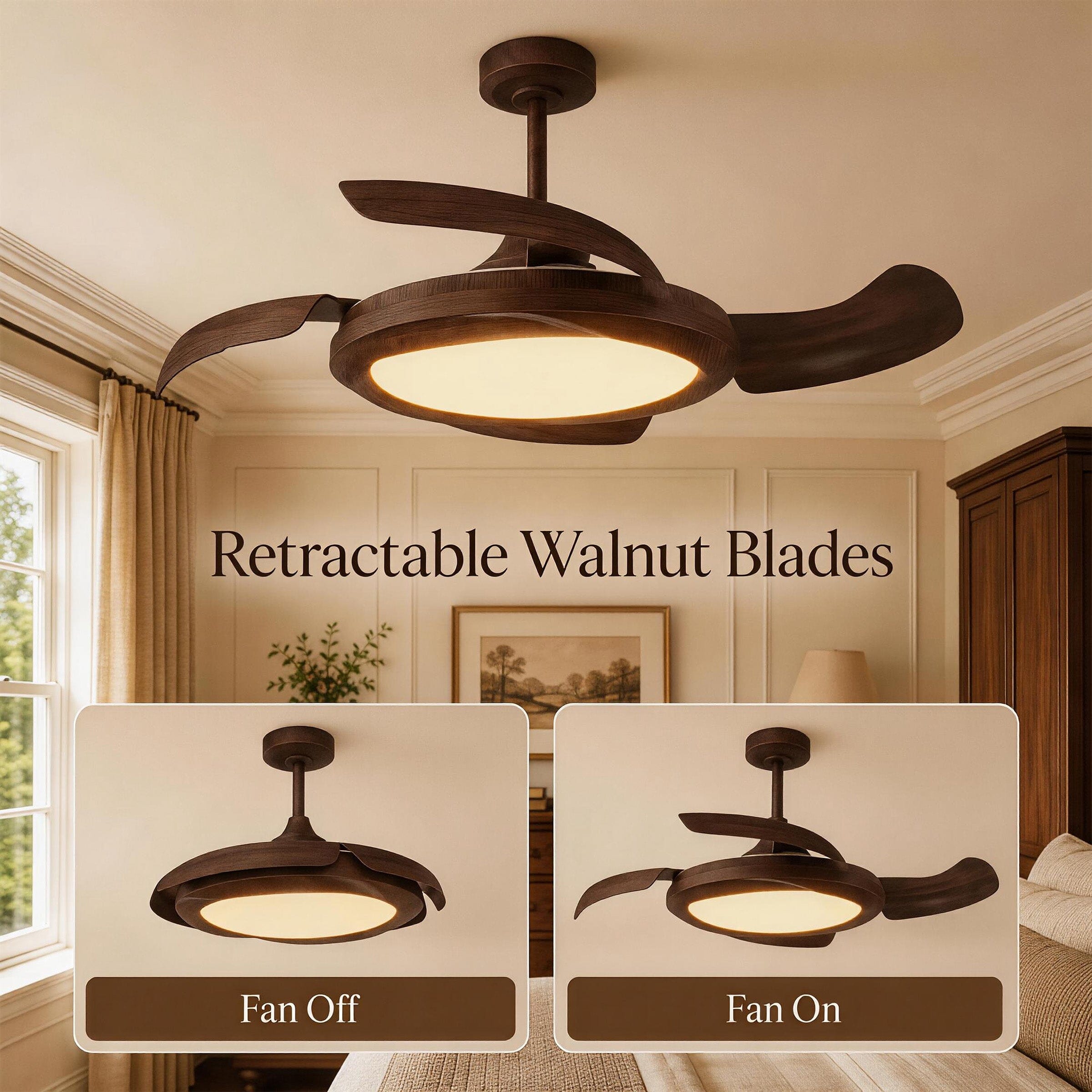 Retractable walnut effect fan blades shown in fan off and fan on positions