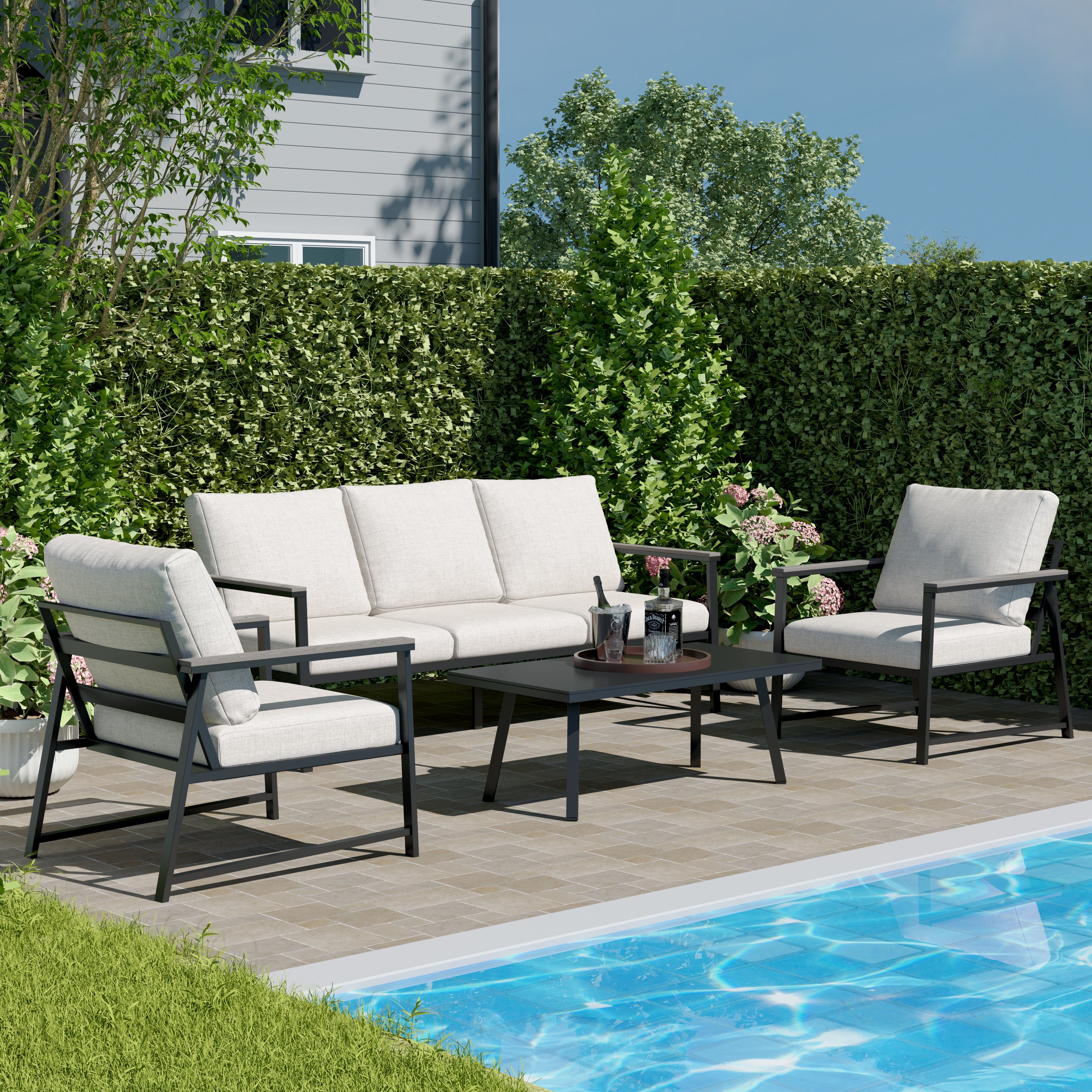 4 Piece Aluminium Outdoor Sofa Set with Glass Table Garden Furniture Living and Home 