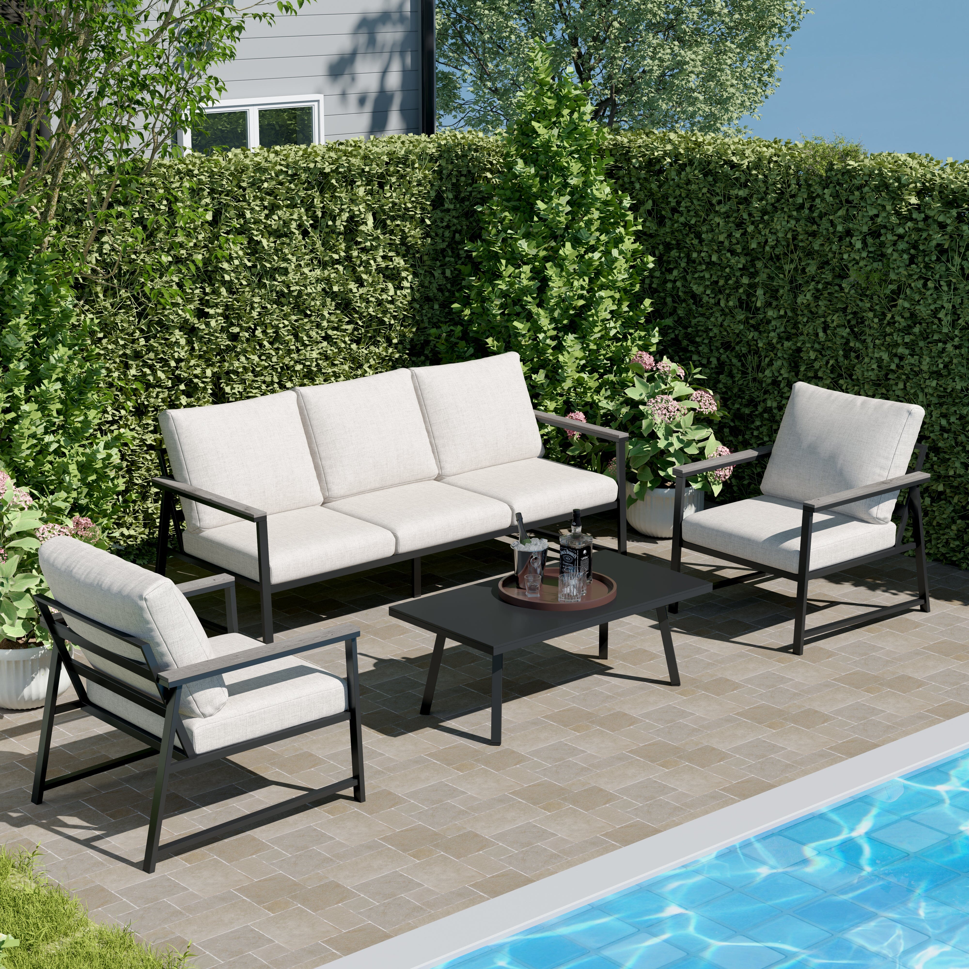4 Piece Aluminium Outdoor Sofa Set with Glass Table Garden Furniture Living and Home 