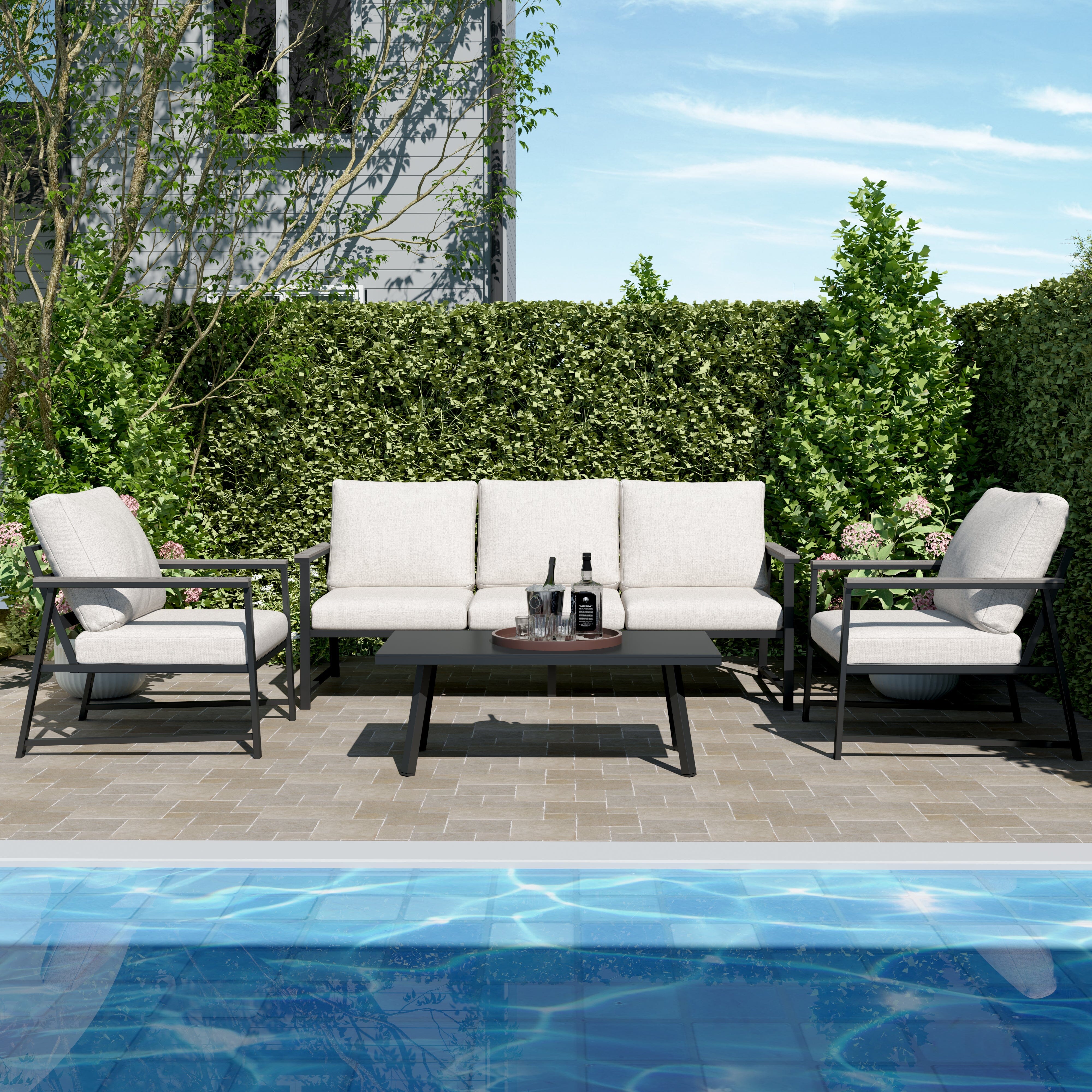 4 Piece Aluminium Outdoor Sofa Set with Glass Table Garden Furniture Living and Home 