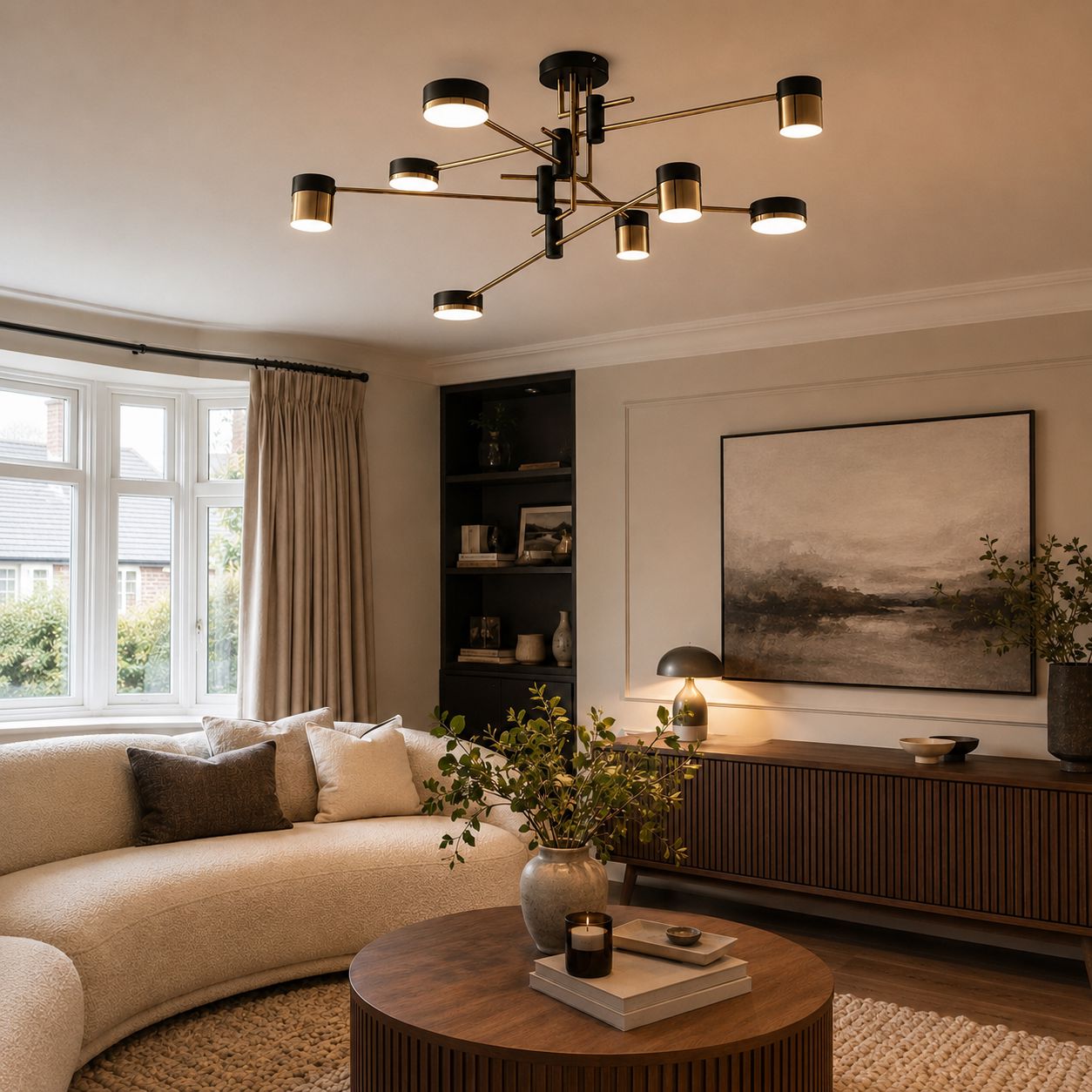 black and gold ceiling light above a bay-window sofa