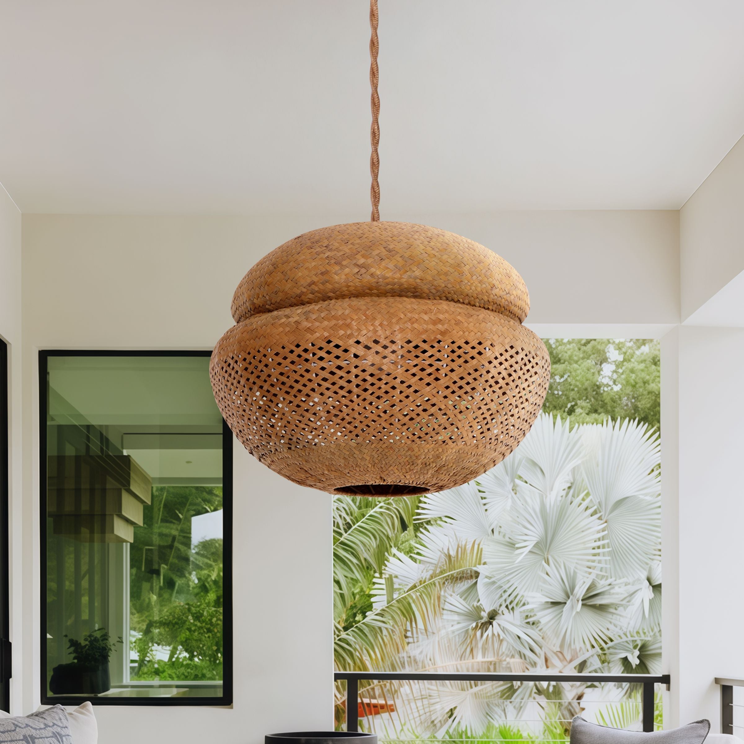 Lightsin Handwoven Natural Bulrush Pendant Ceiling Light with Pot Lid-Inspired Design Lightsin UK 40cm Dia In Stock 