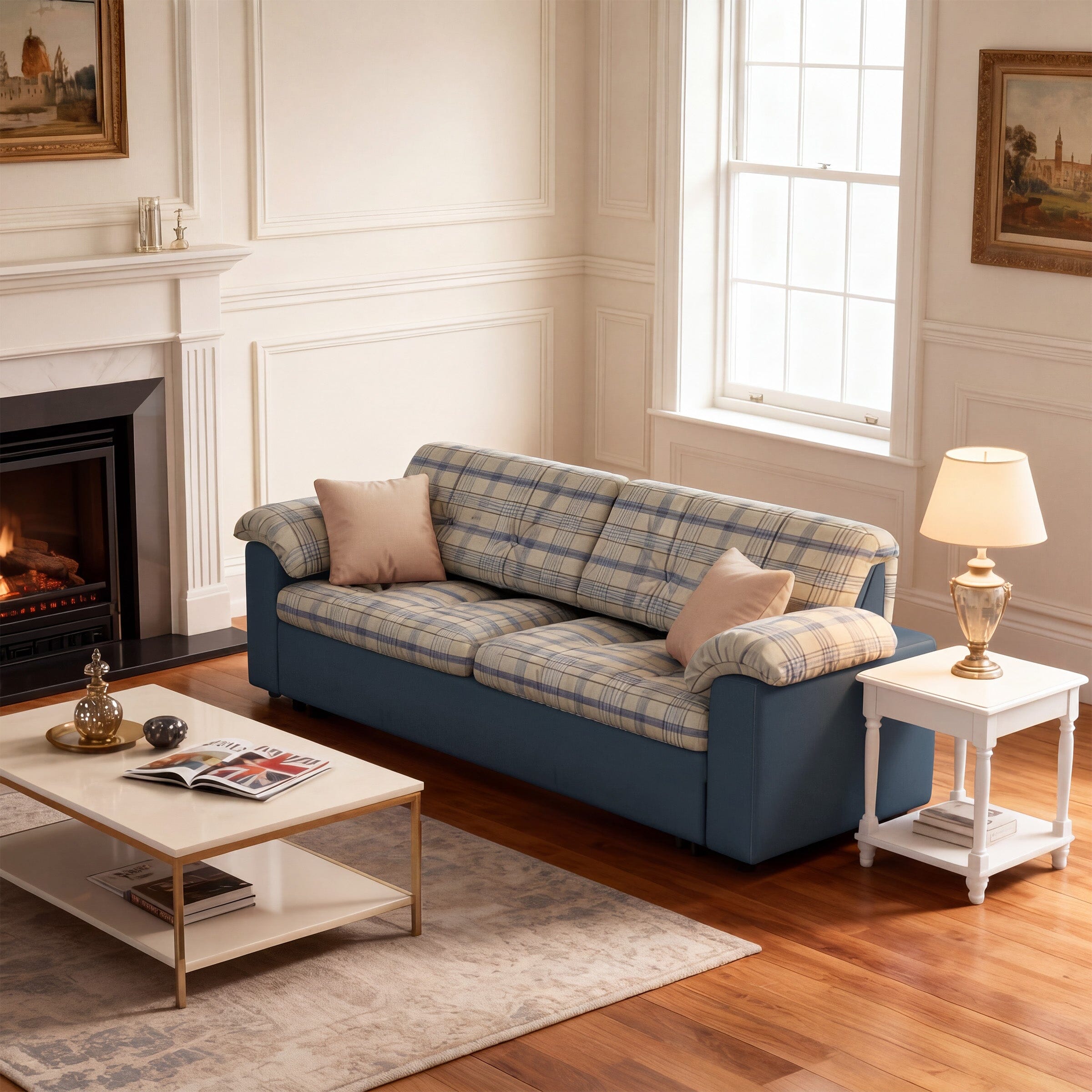 Cottonfy Classic Plaid Sofa Bed with Hidden Storage Living and Home 165 CM Azure Plaid Cotton Linen 