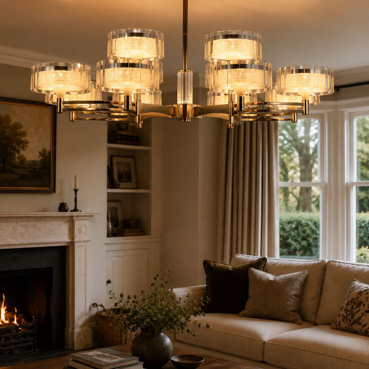 clear drum shade chandelier above a lounge seating area