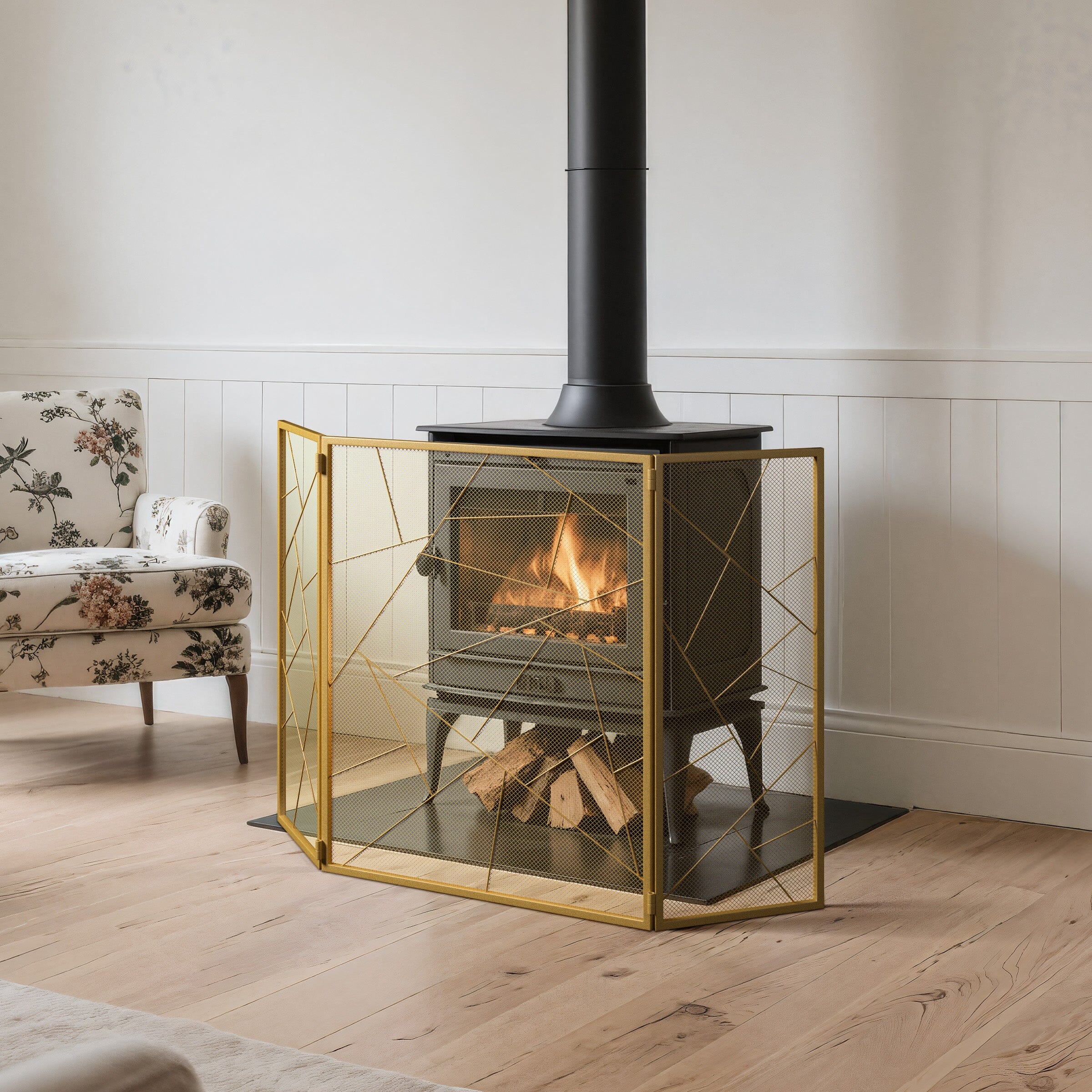 Smallbee Triple-Fold Iron Fireplace Screen Gold Frame – 132x1x80cm Smallbee UK 