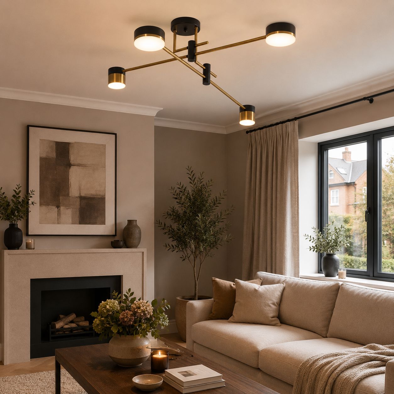 black and gold ceiling light above a living room seating area