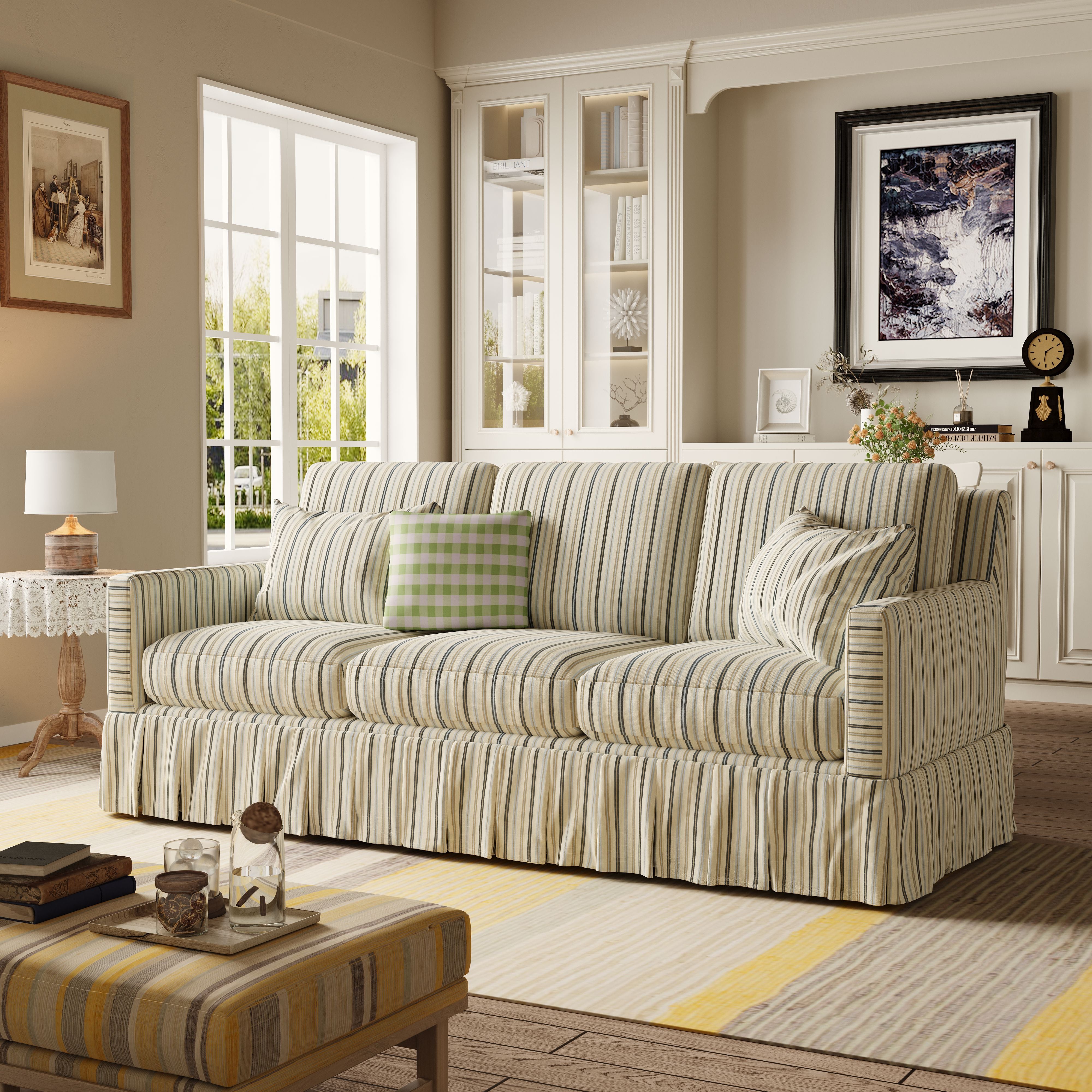 Cottonfy Elegant 3 Seater Striped Sofa with Removable Covers and Skirted Base Living and Home 
