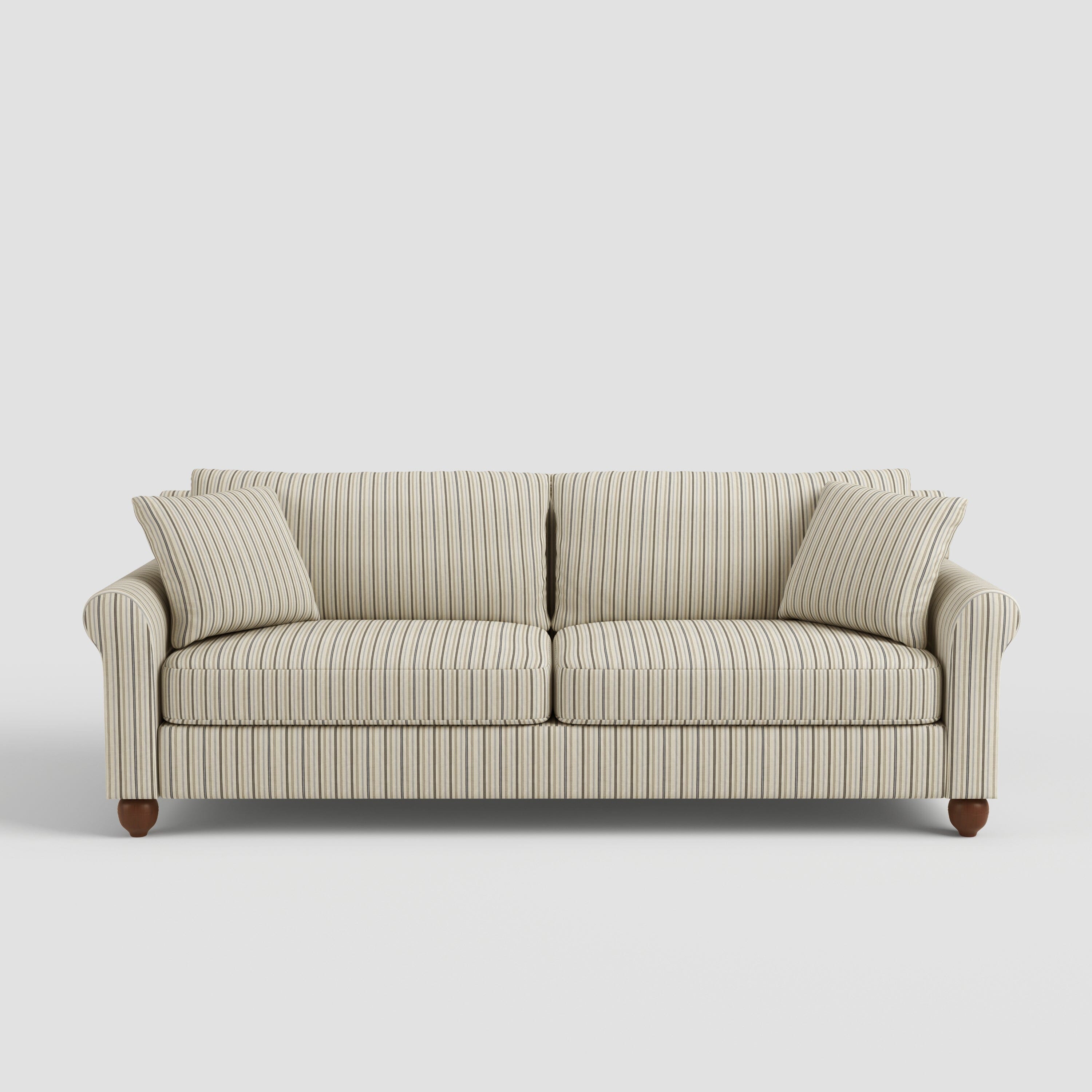 Cottonfy Striped Cotton Linen Blend Rolled Arm Sofa with Soild Wood Bun Feet Living and Home 