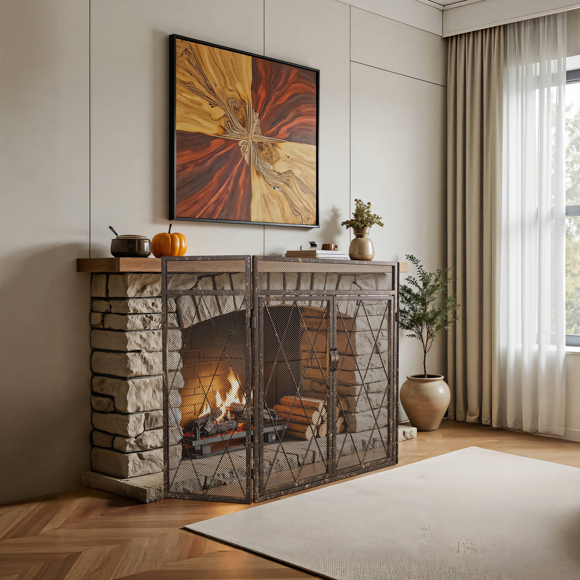 Smallbee Triple-Fold Fireplace Screen – Antique Copper Powder-Coated Iron, 127x13x81cm Smallbee UK 