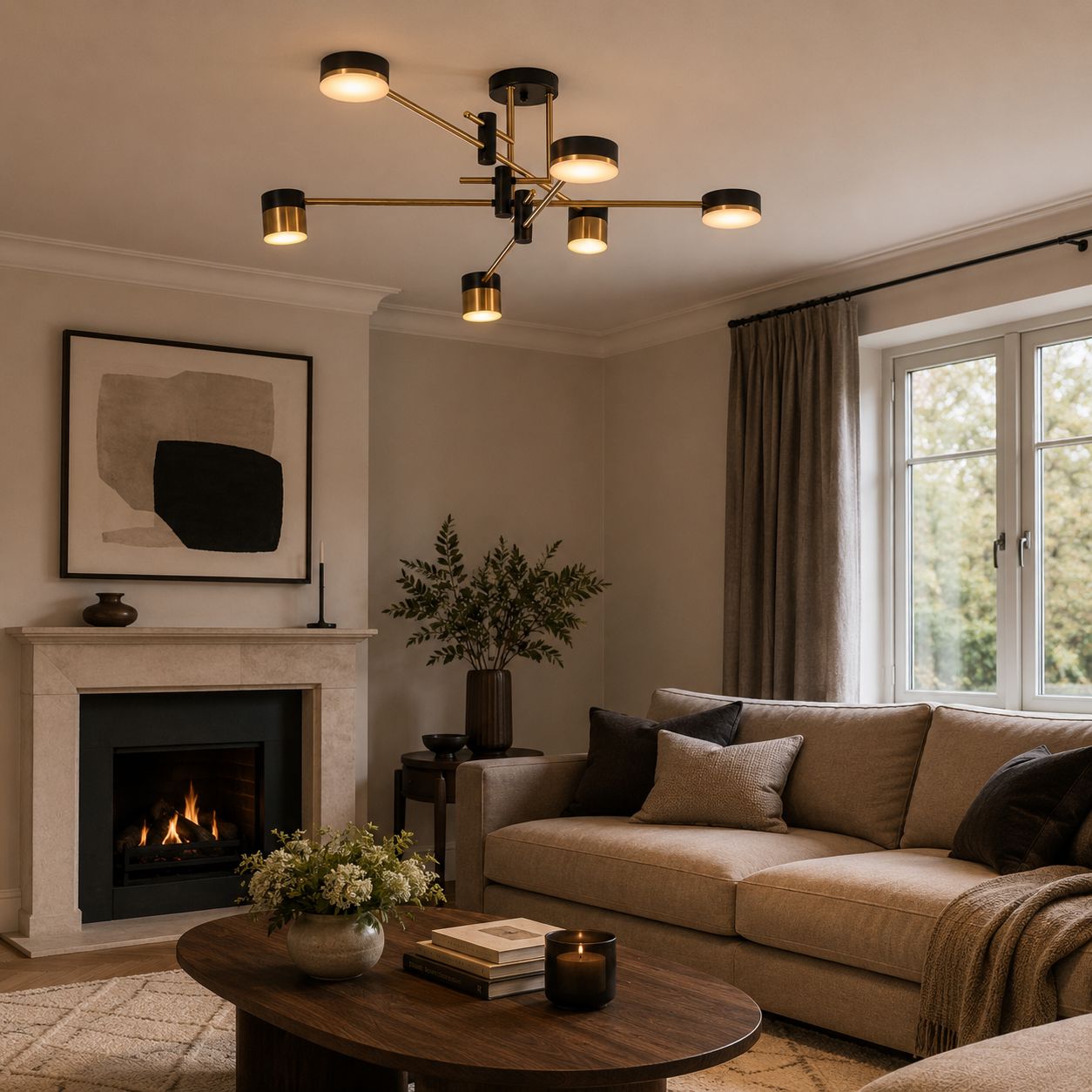 black and gold metal ceiling light in a cosy lounge