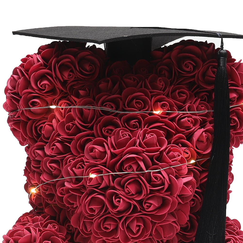 Simulation Foam Forever Rose Teddy Bear Gift Box-Black Tassel Black Hat-Wine Red Living and Home 