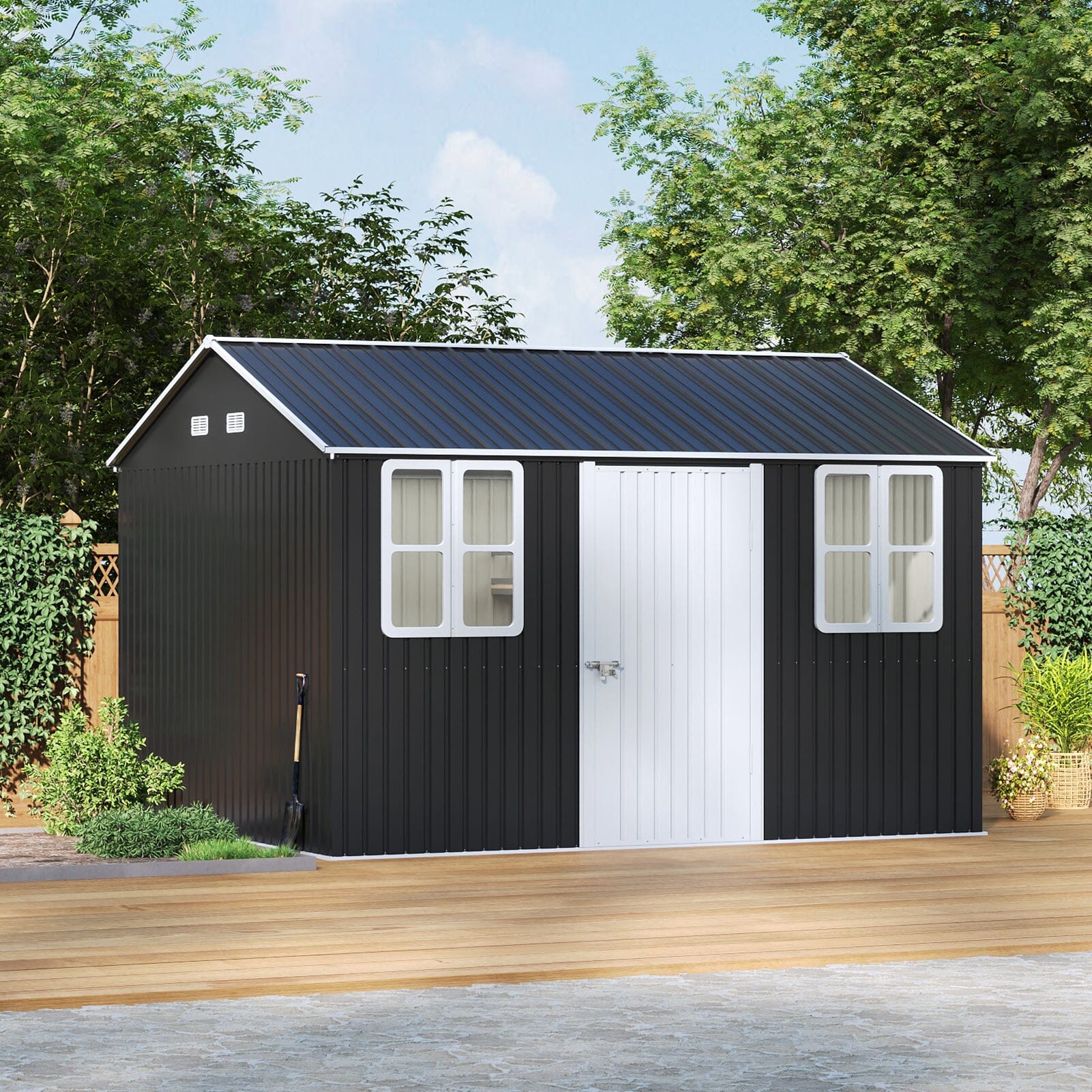 7X4ft/8.5X5.5ft/10x8ft Charcoal Black Storage Shed with Double Doors and Grid Window Living and Home 