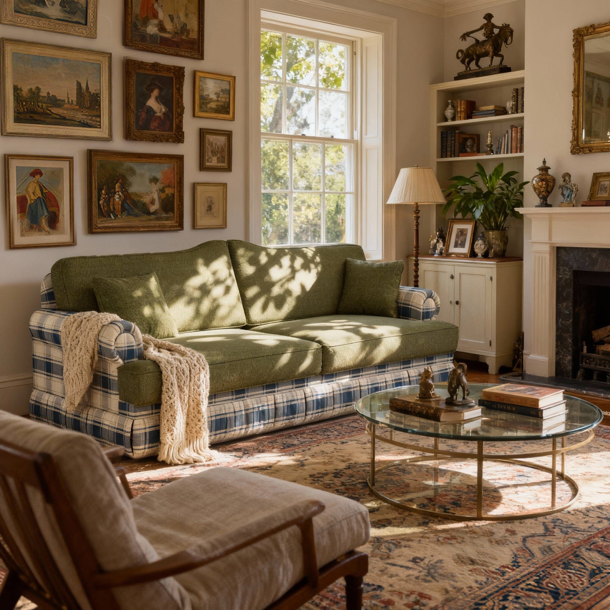 Cottonfy Heritage Plaid Skirted Sofa with Concealed Storage Drawers Living and Home 180 CM Olive-Plaid Cotton Linen 