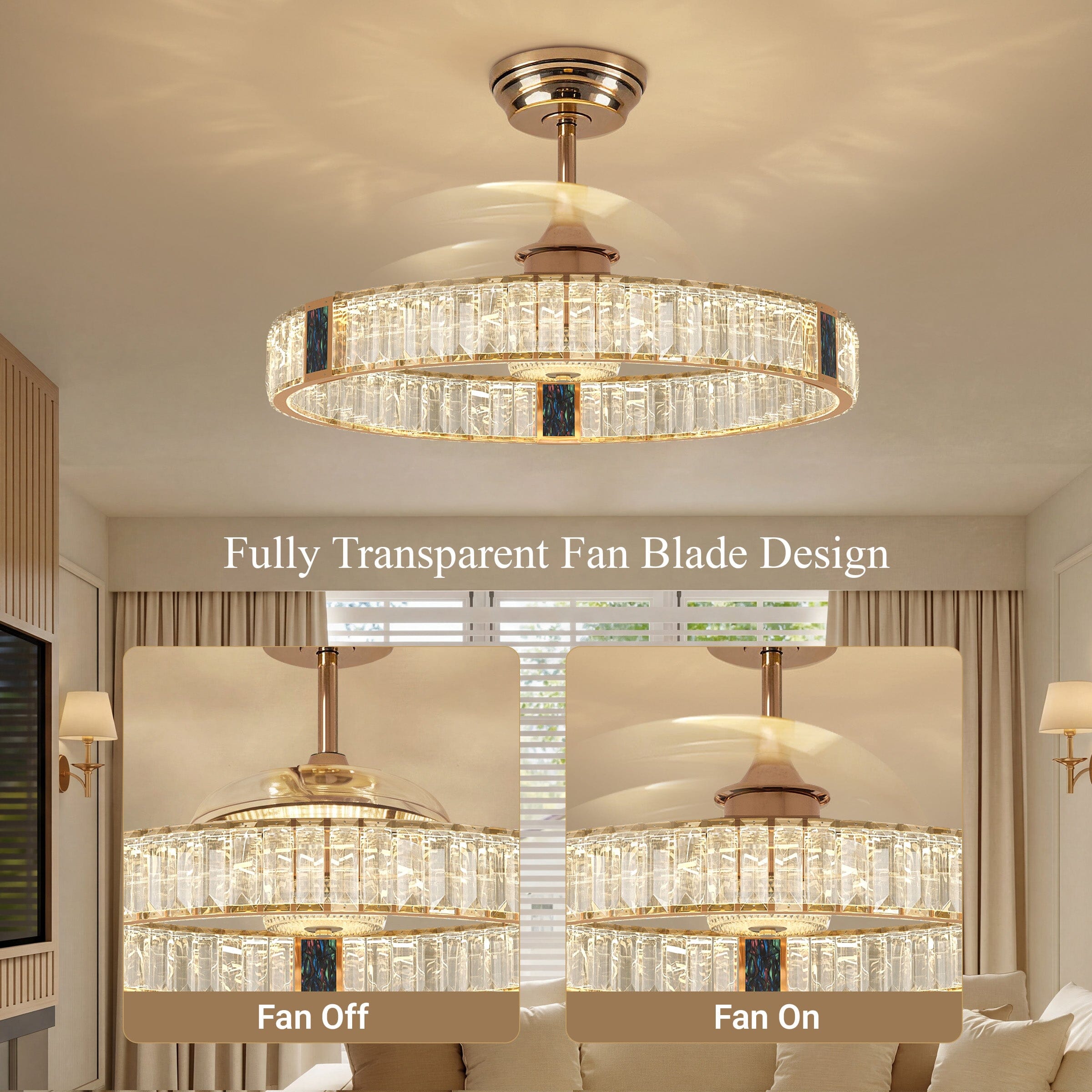 Lightsin 60cm Gold Crystal Ceiling Fan with LED Light, Remote Control & 6 Speeds Lightsin UK 
