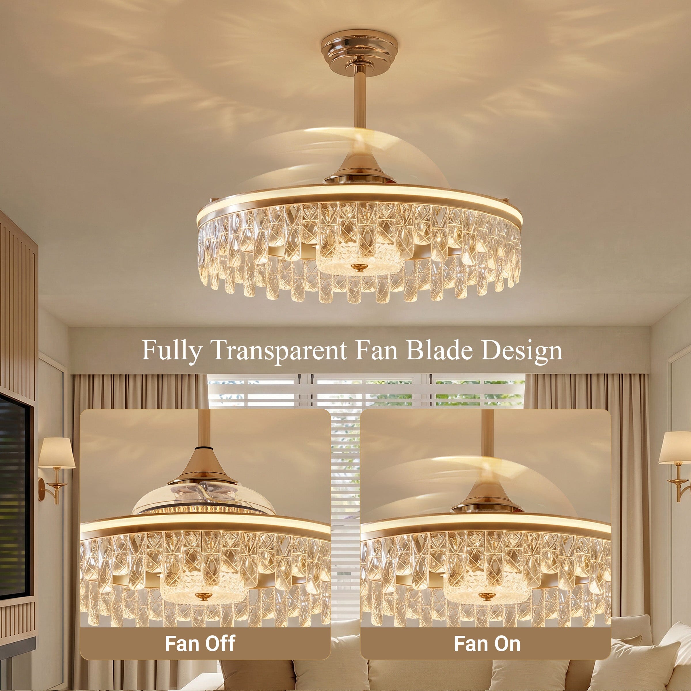 Gold ceiling fan light with warm neutral and cool white colour temperatures