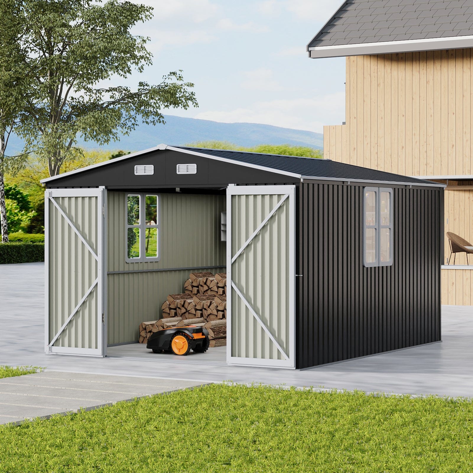12x10ft / 10x12ft / 10x16ft Charcoal Black Galvanized Steel Storage Shed with Double Lockable Doors & Grid Windows Living and Home 10X12ft Double door 