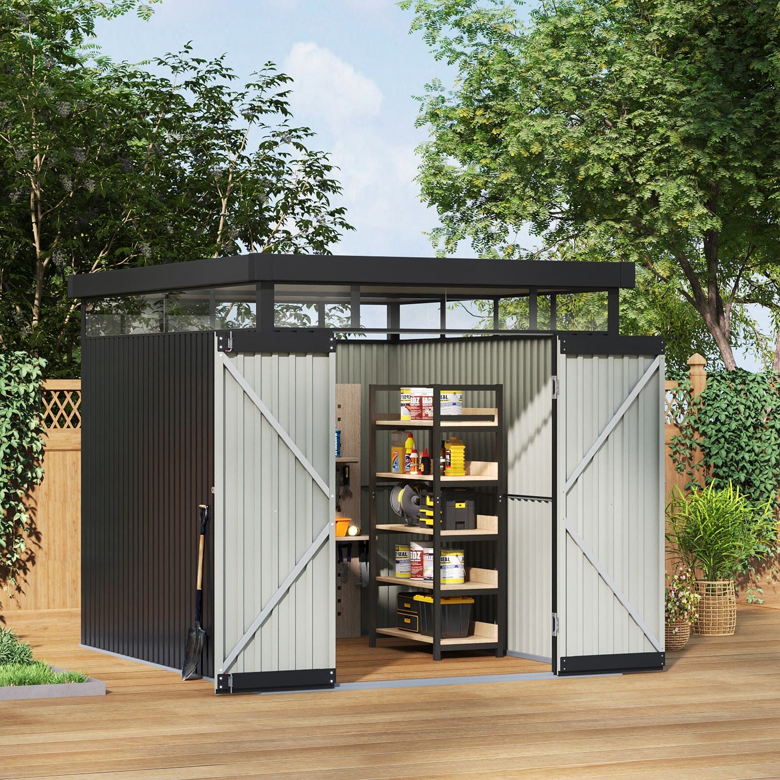 2x2.6x2m/1.6x2.6x2m/2.6x3x2m/4x3x2m Charcoal Black Galvanized Steel Storage Shed with Double/Single Lockable Doors Living and Home 2×2.6×2m 