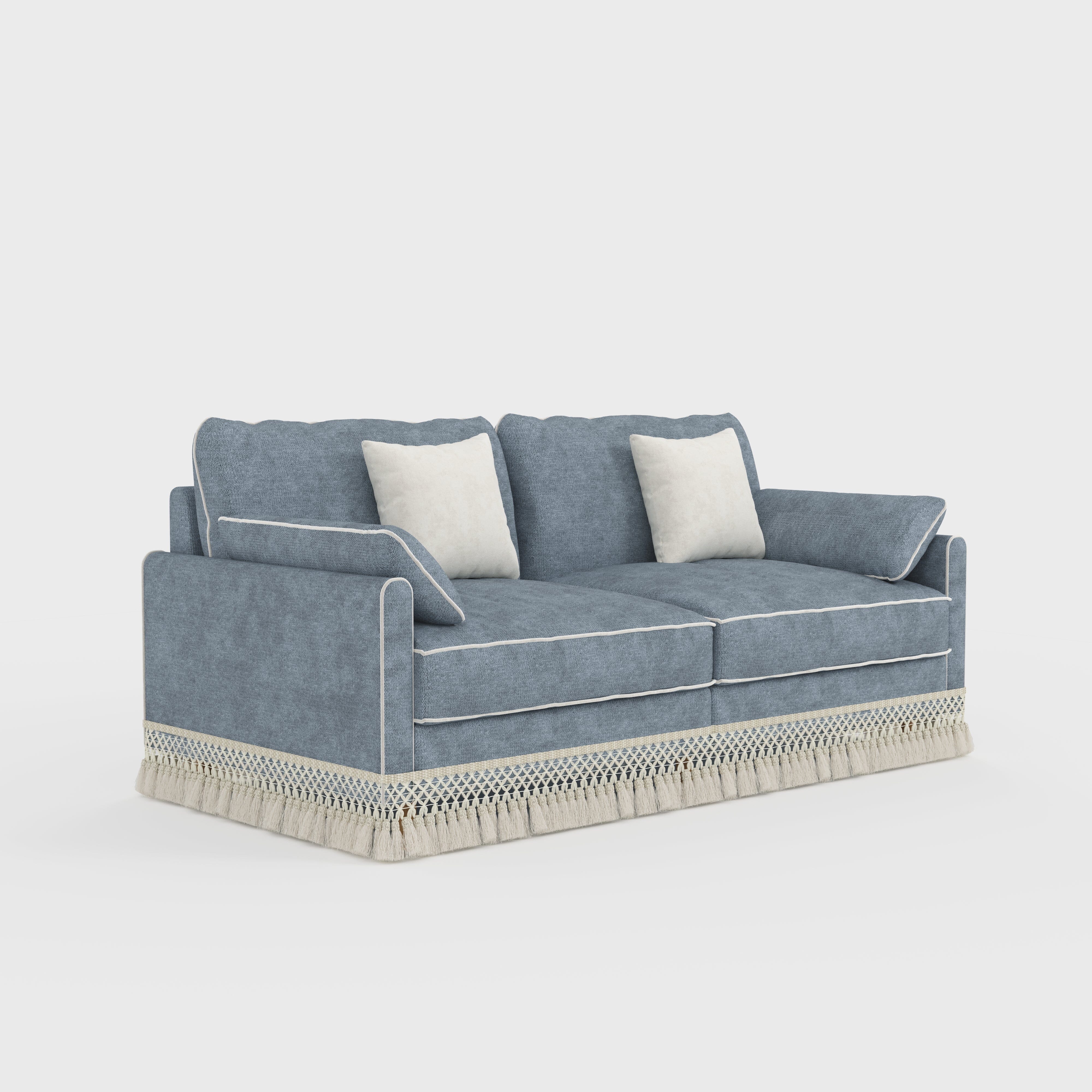 Cotton Linen Detachable Modular Sofa with Fringed Trim Cottonfy UK 2 Seater Dusky Blue In Stock