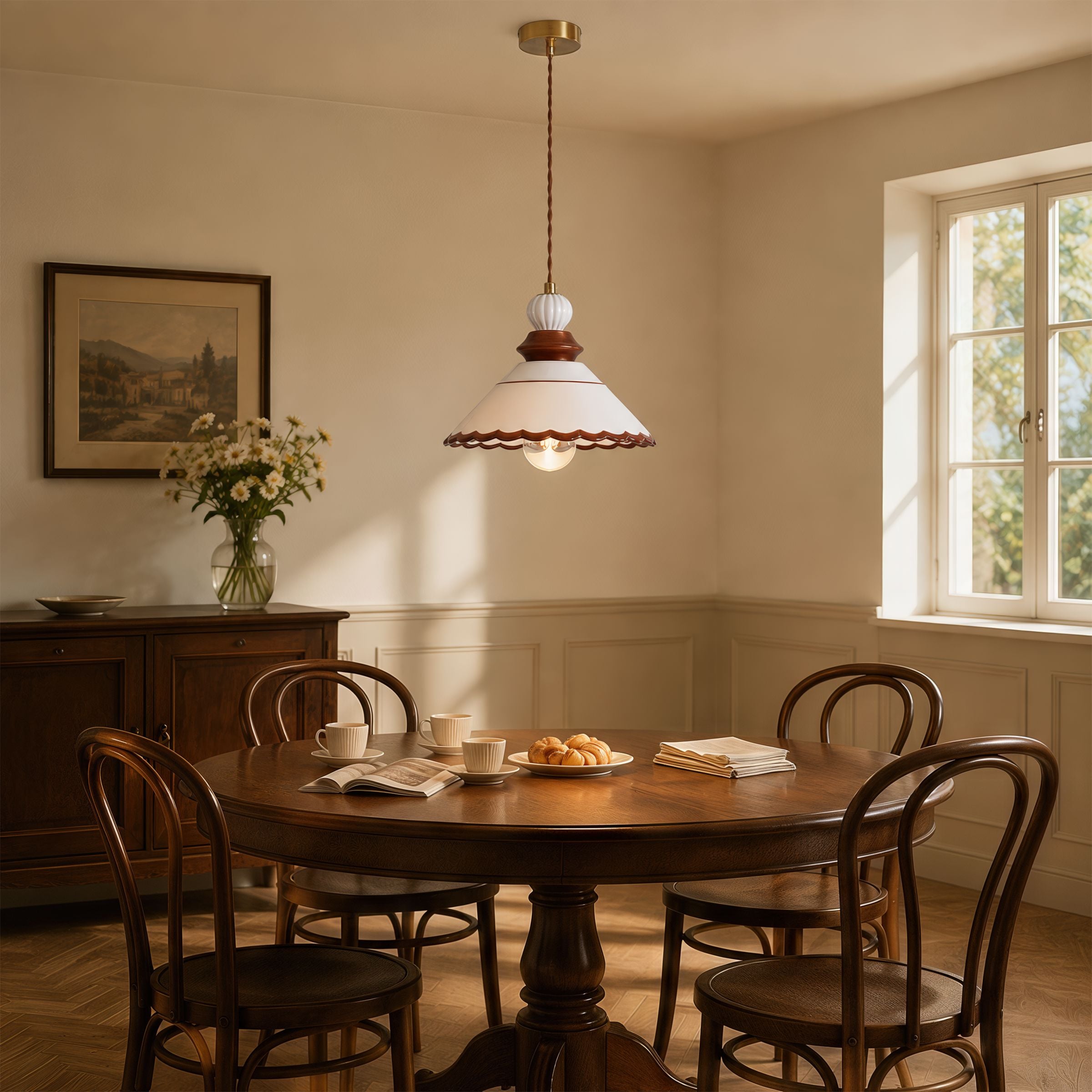 brown ceramic lace pendant light styled in a calm bedroom