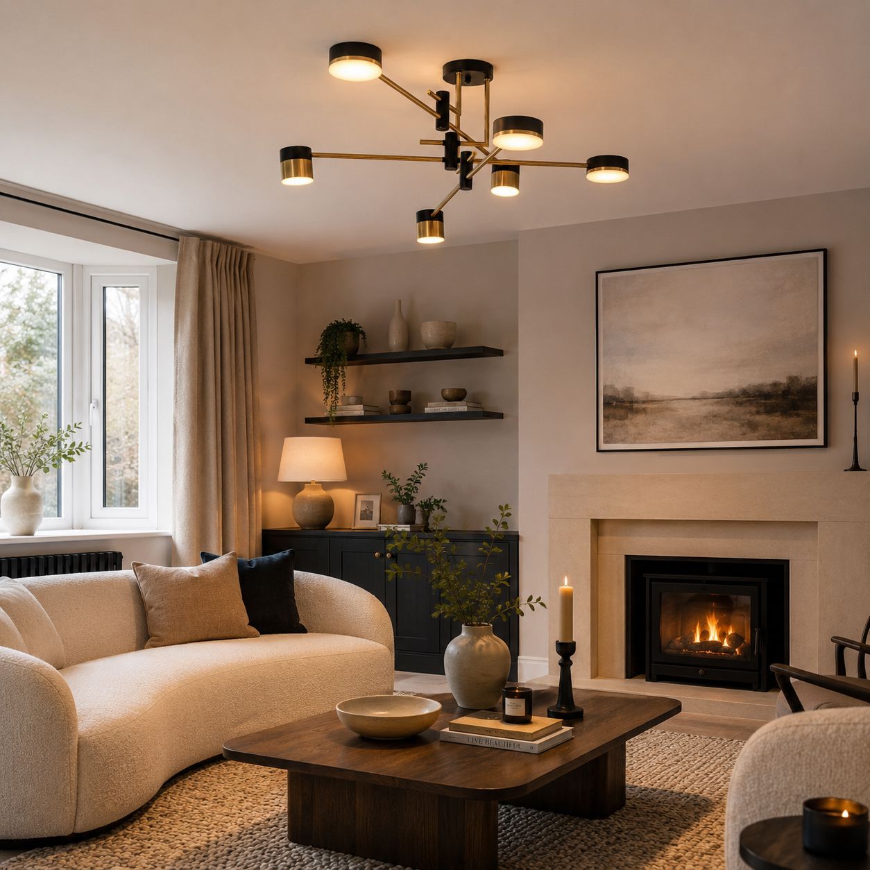 black and gold ceiling light in a living room with curved sofa