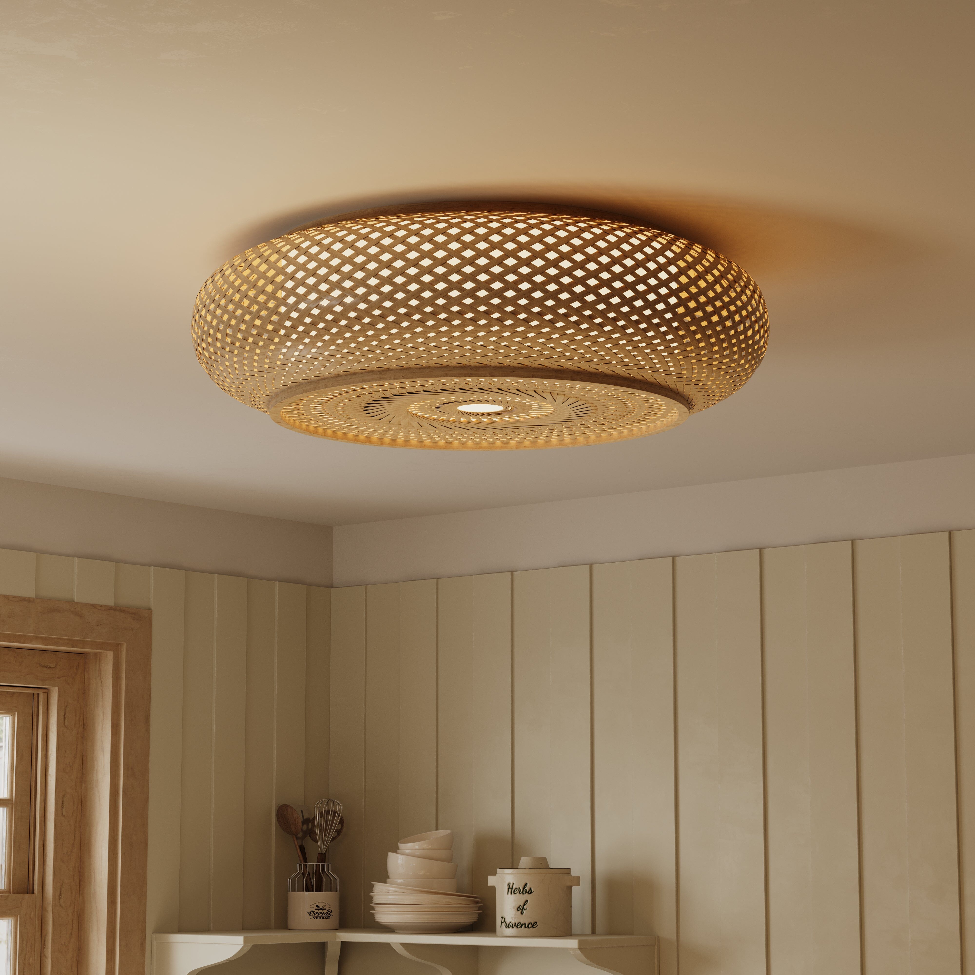 Lightsin Lutta-Japanese-Style Bamboo Rattan Pendant & Ceiling Light – Flat Flush Mount or Hanging Fixture for Bedroom, Living Room & More Lightsin UK 