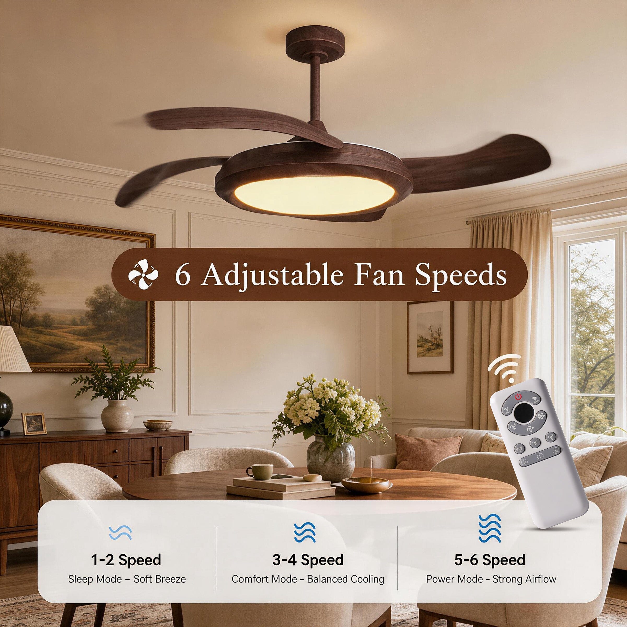 Six adjustable fan speeds and remote control for walnut effect ceiling fan light