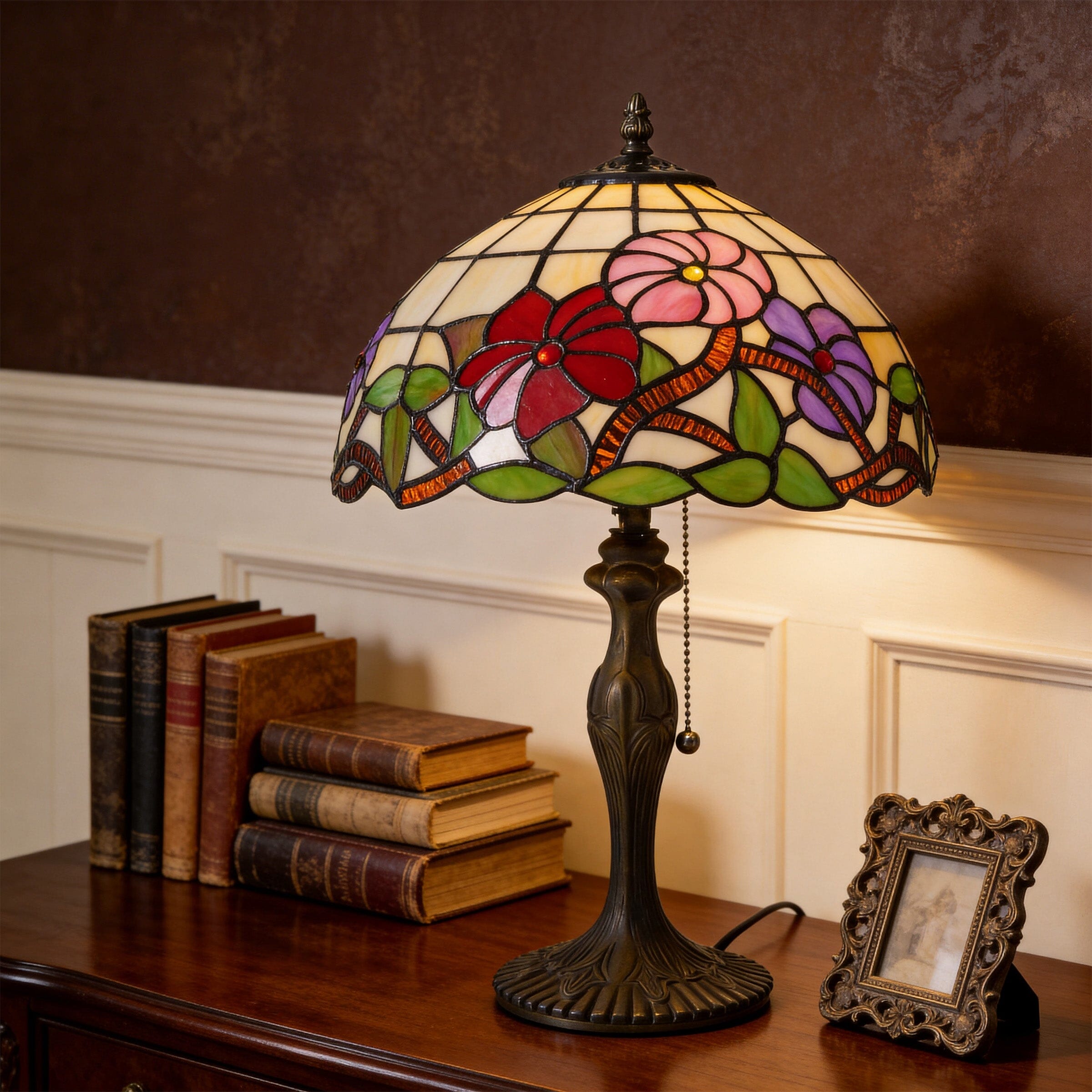 Lightsin Tiffany Table Lamp | Handcrafted Stained Glass Floral Petals Series Red, Pink and Purple Lightsin UK 
