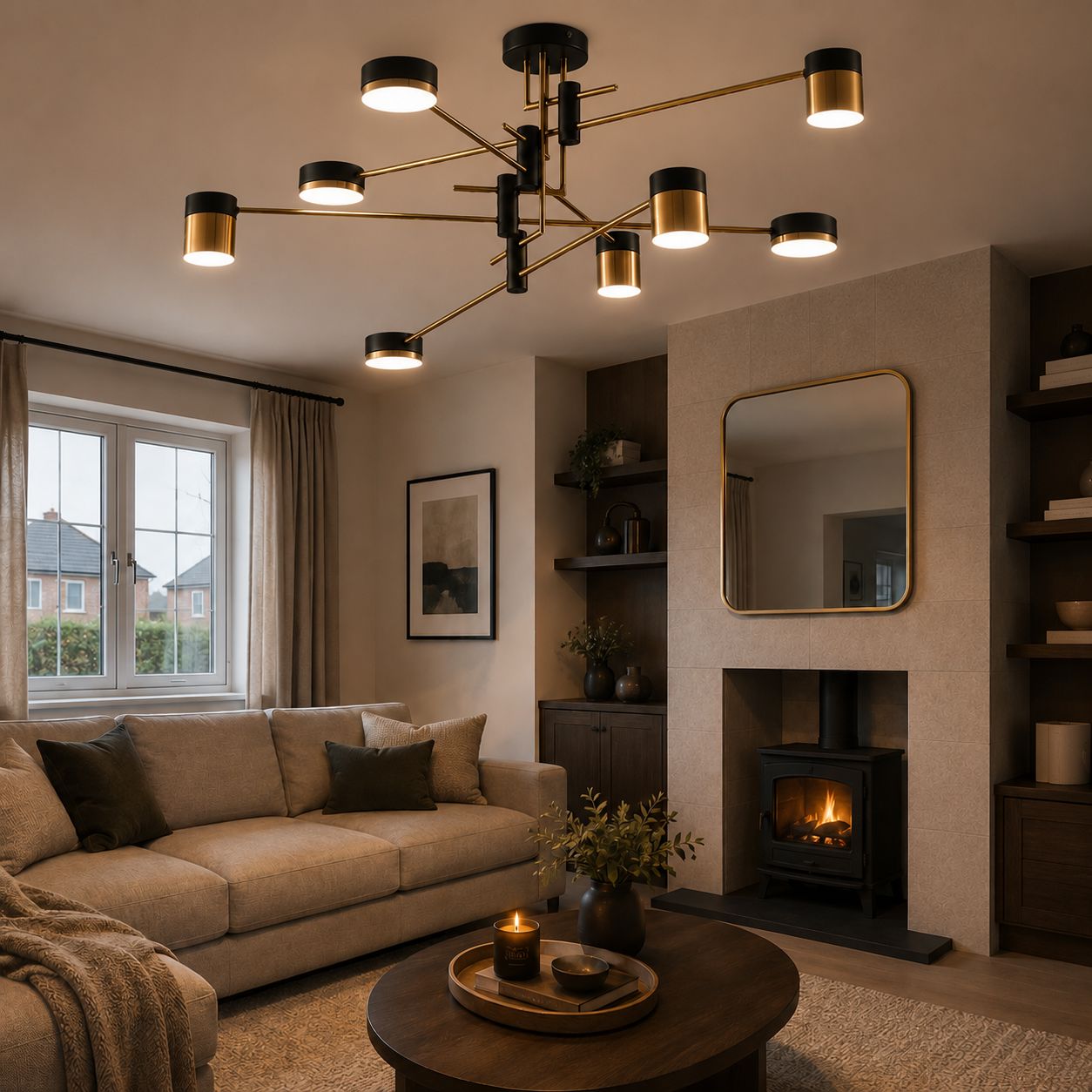 black and gold ceiling light over a living room seating area