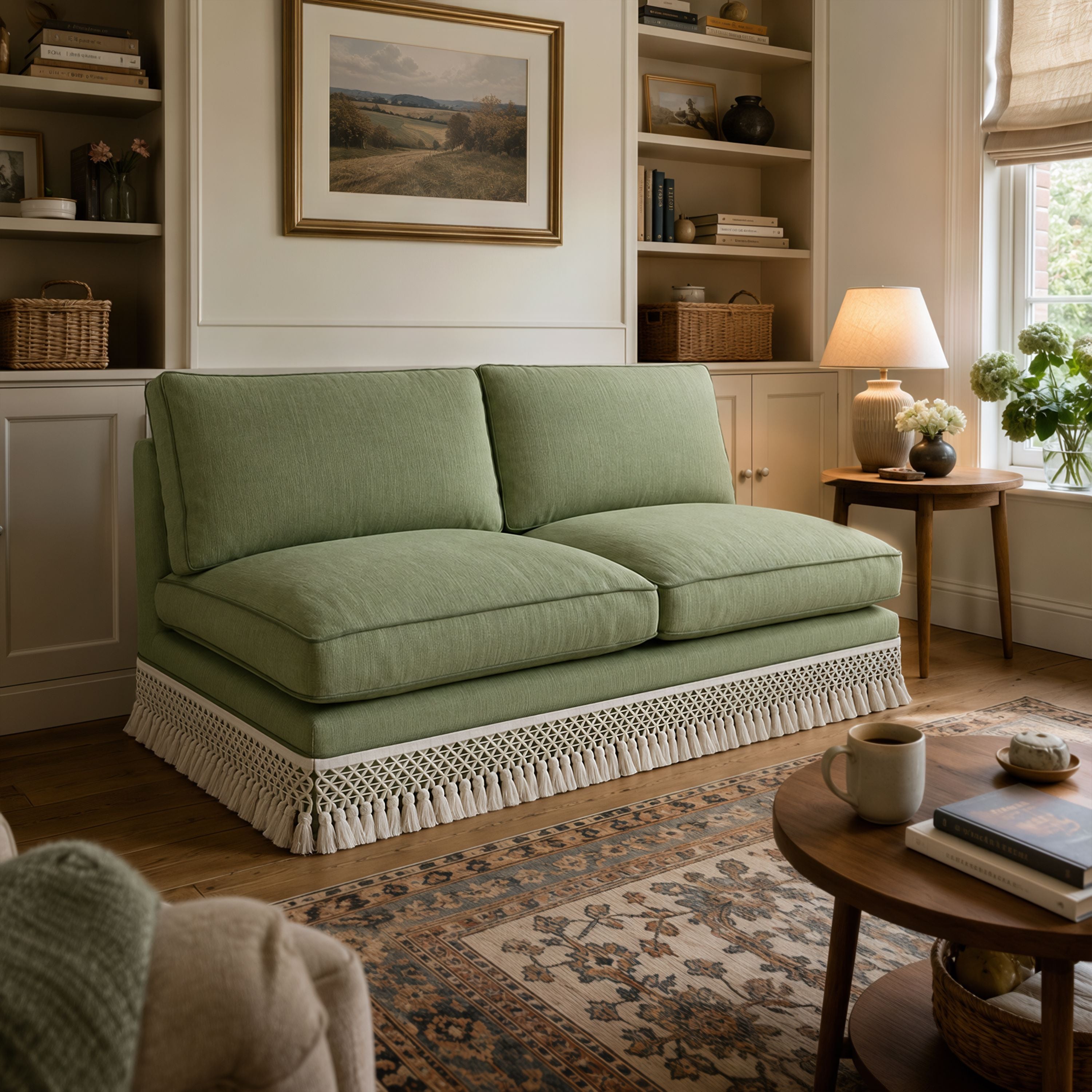 Armless Sofa with Fringed Trim and Removable Covers Cottonfy UK 