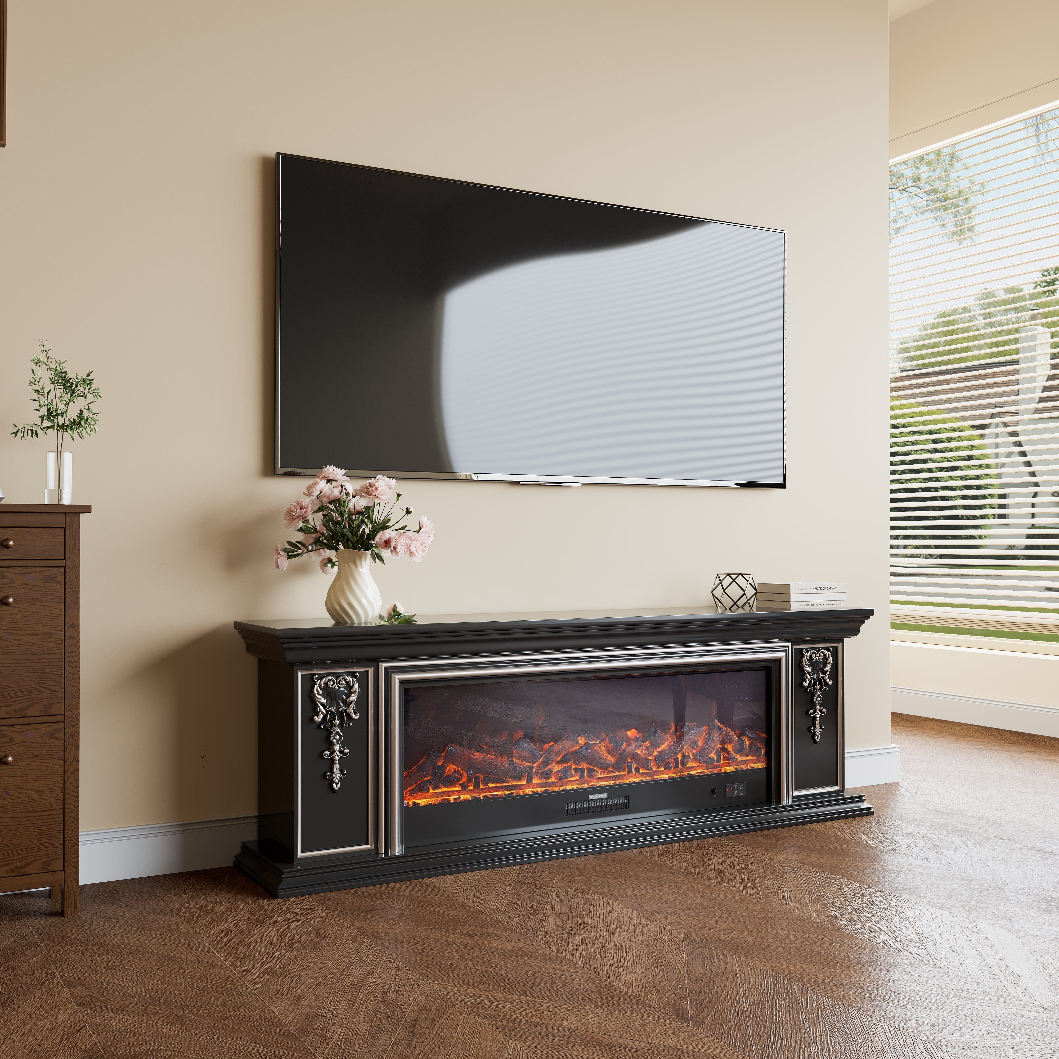 Black Gold Trim TV Cabinet Electric Fireplace with WiFi, APP & Flame Sound Living and Home 