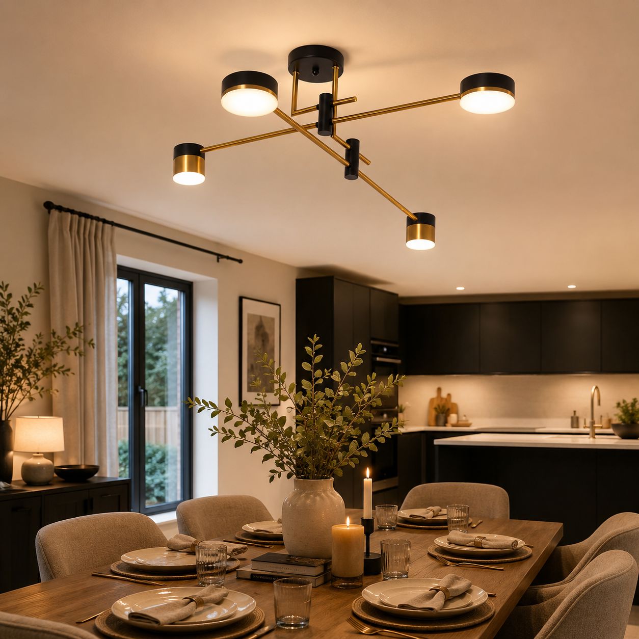 black and gold metal ceiling light above a dining table and kitchen