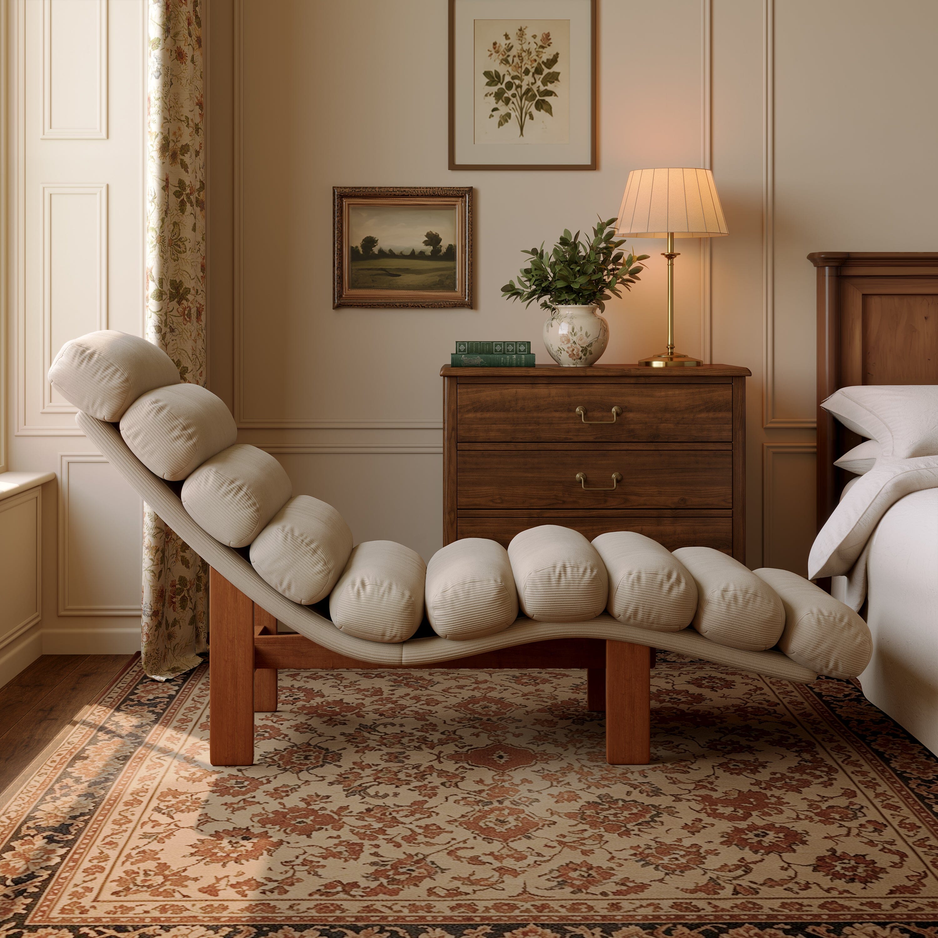 Cottonfy Modern Ergonomic Corduroy Chaise Lounge with Natural Wooden Frame Cottonfy UK 