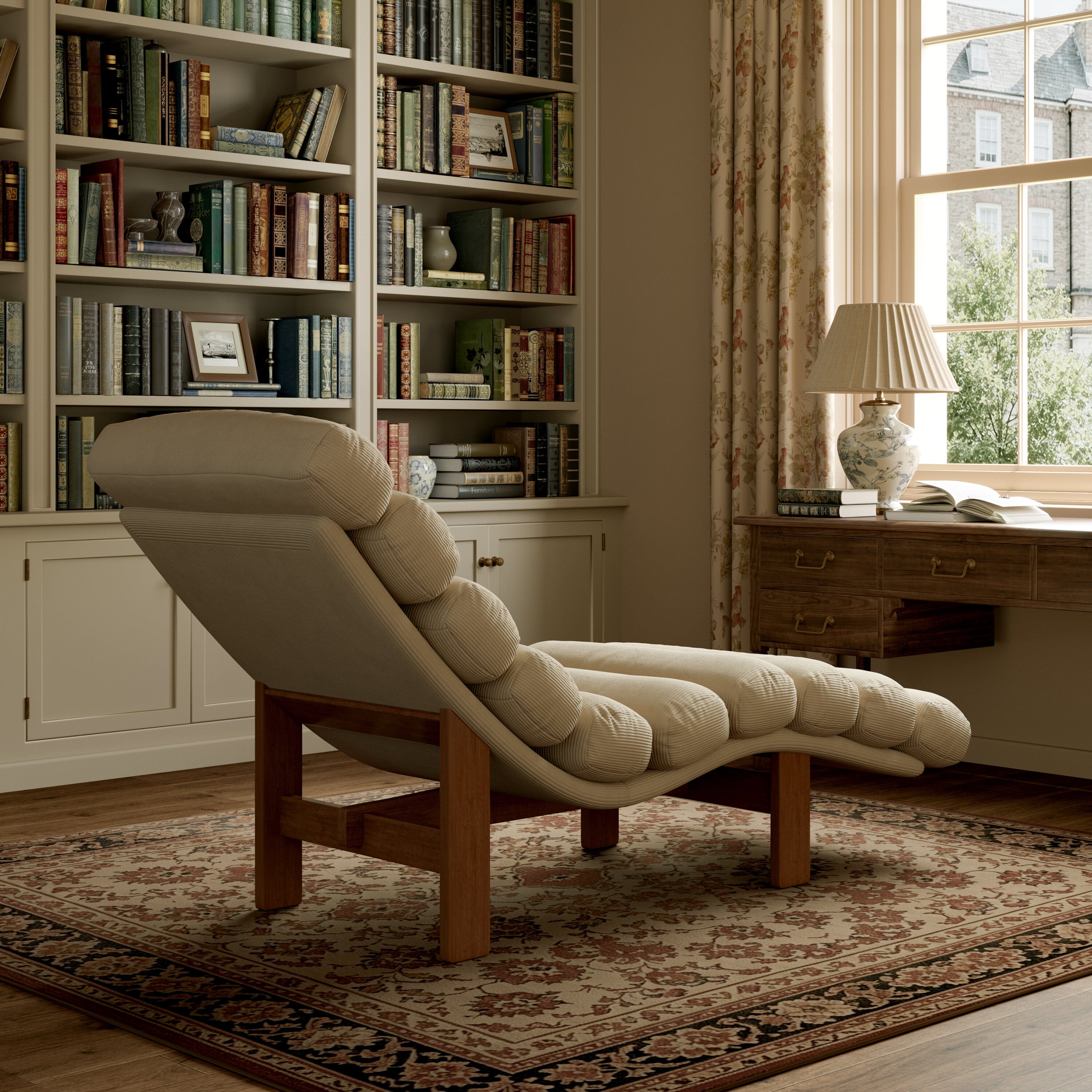 Cottonfy Modern Ergonomic Corduroy Chaise Lounge with Natural Wooden Frame Cottonfy UK 