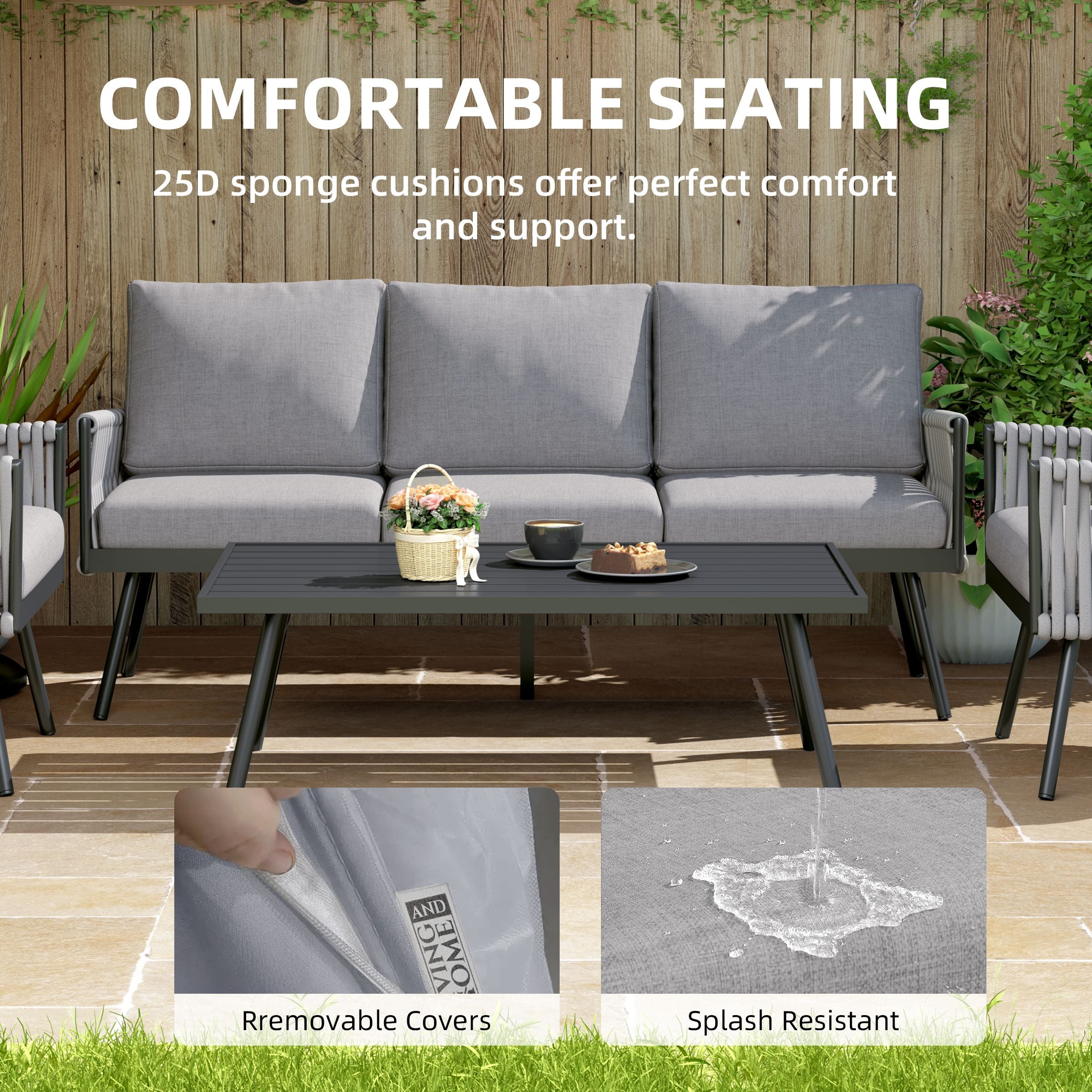Outdoor Garden Furniture Set with Rope Weave and All Metal Frame 4 Piece Design Living and Home 