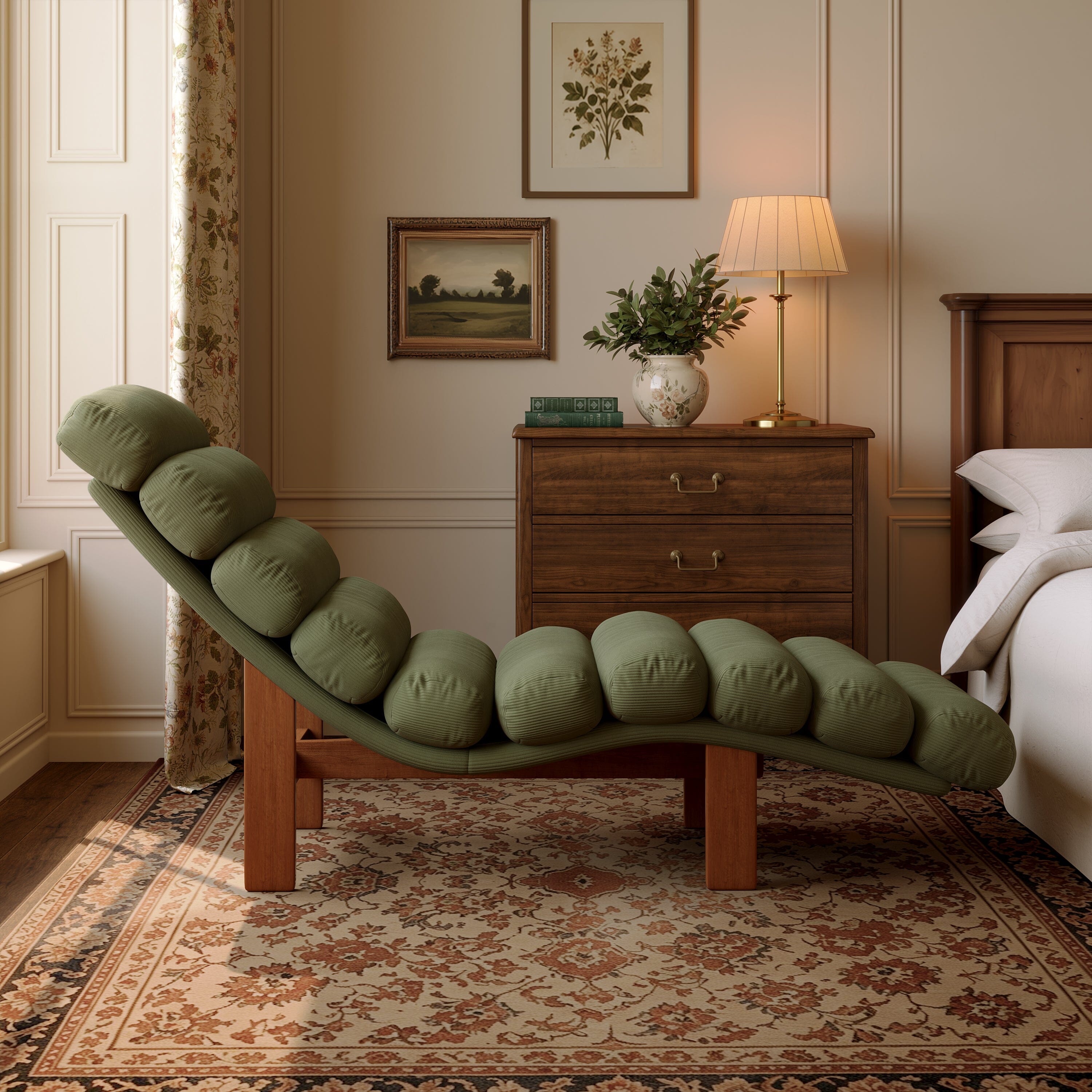 Cottonfy Modern Ergonomic Corduroy Chaise Lounge with Natural Wooden Frame Cottonfy UK 
