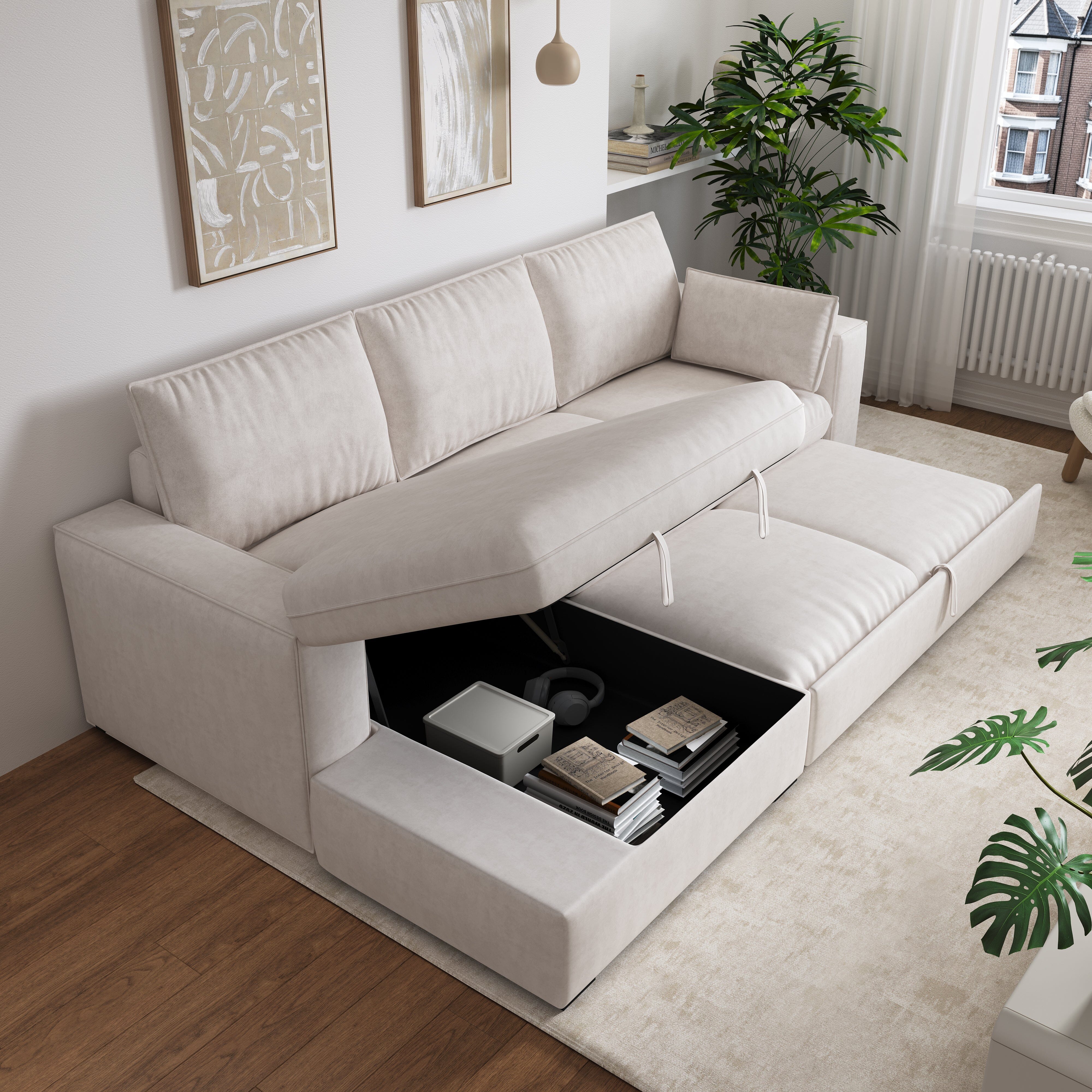 Cottonfy Creamy Tofu Block Pullout Sofa Bed with Storage Cottonfy UK 