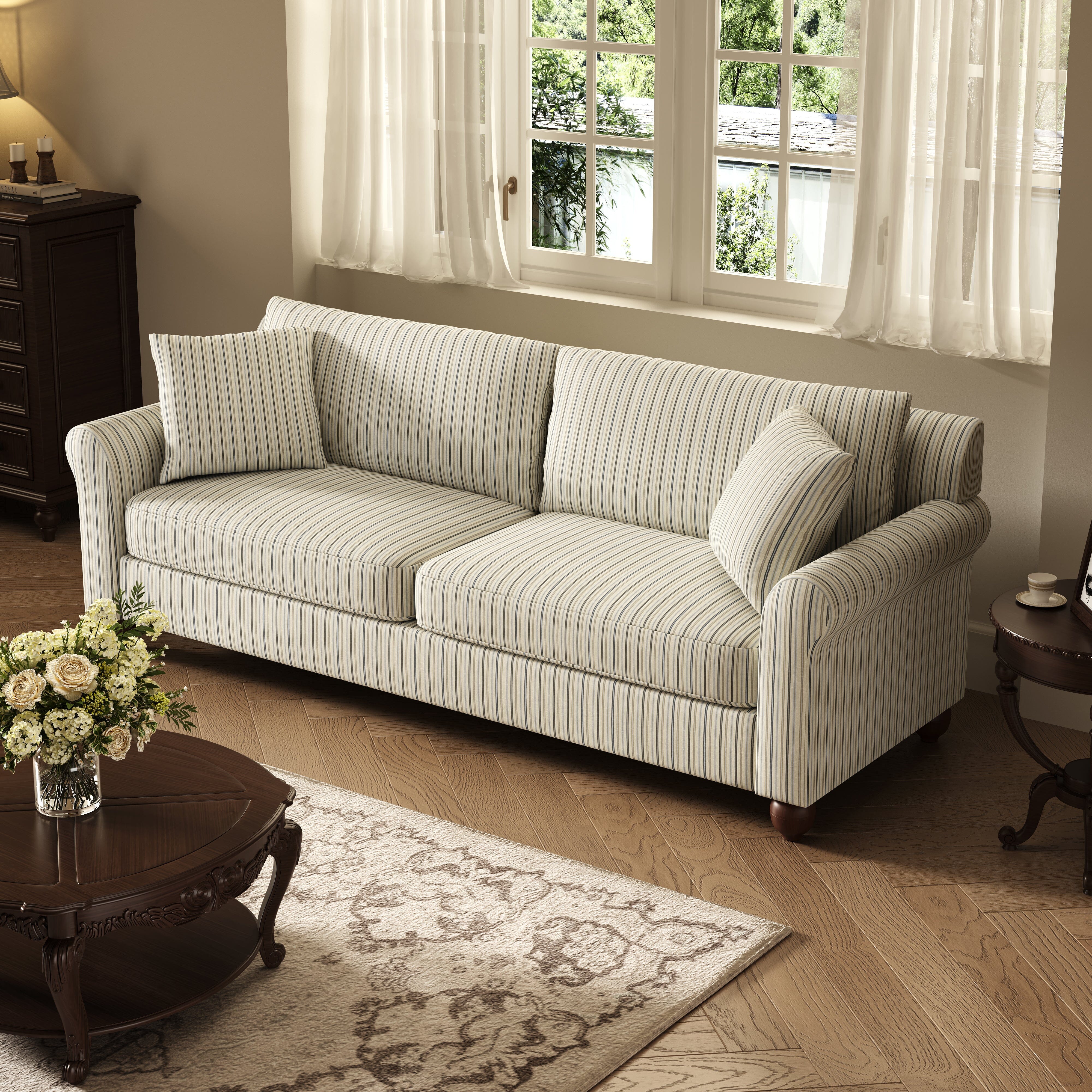Cottonfy Striped Cotton Linen Blend Rolled Arm Sofa with Soild Wood Bun Feet Living and Home 