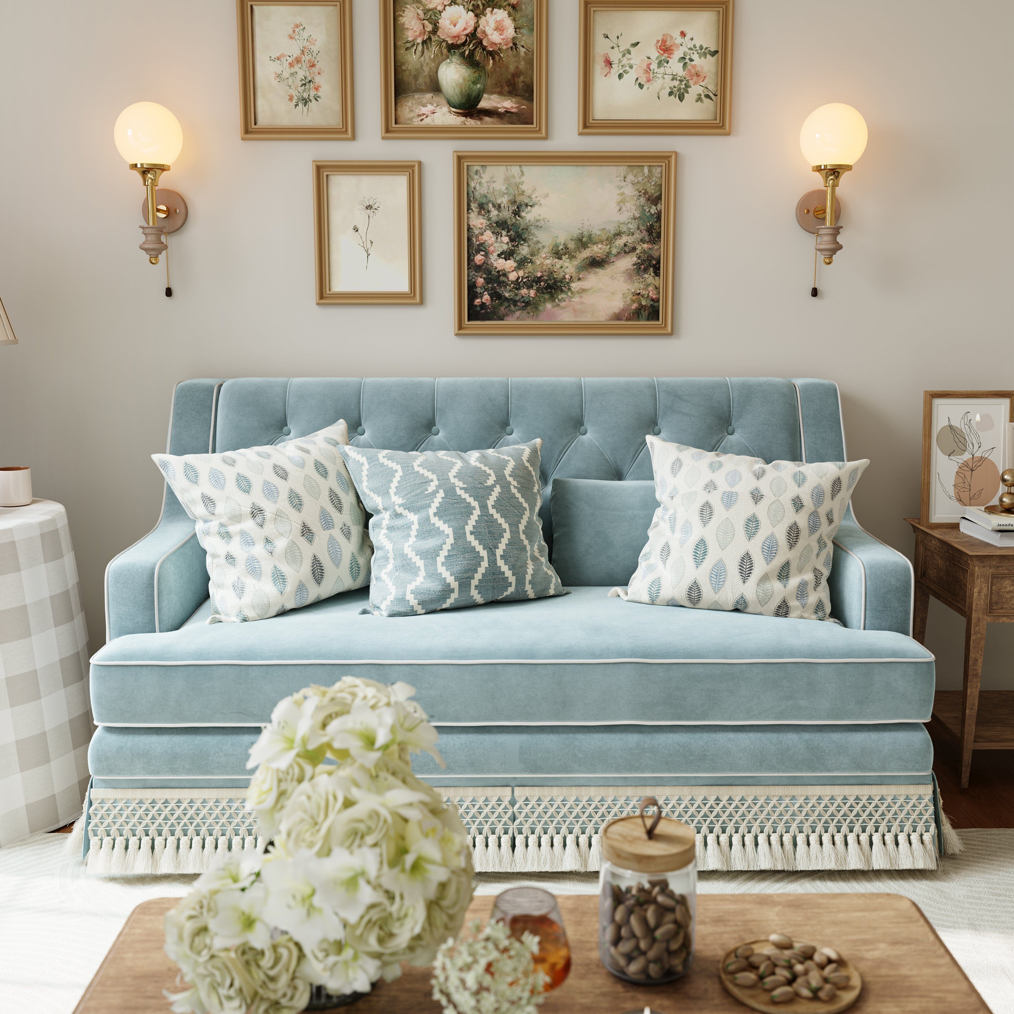 Cottonfy country fringe skirt sofa in cottagecore living room UK