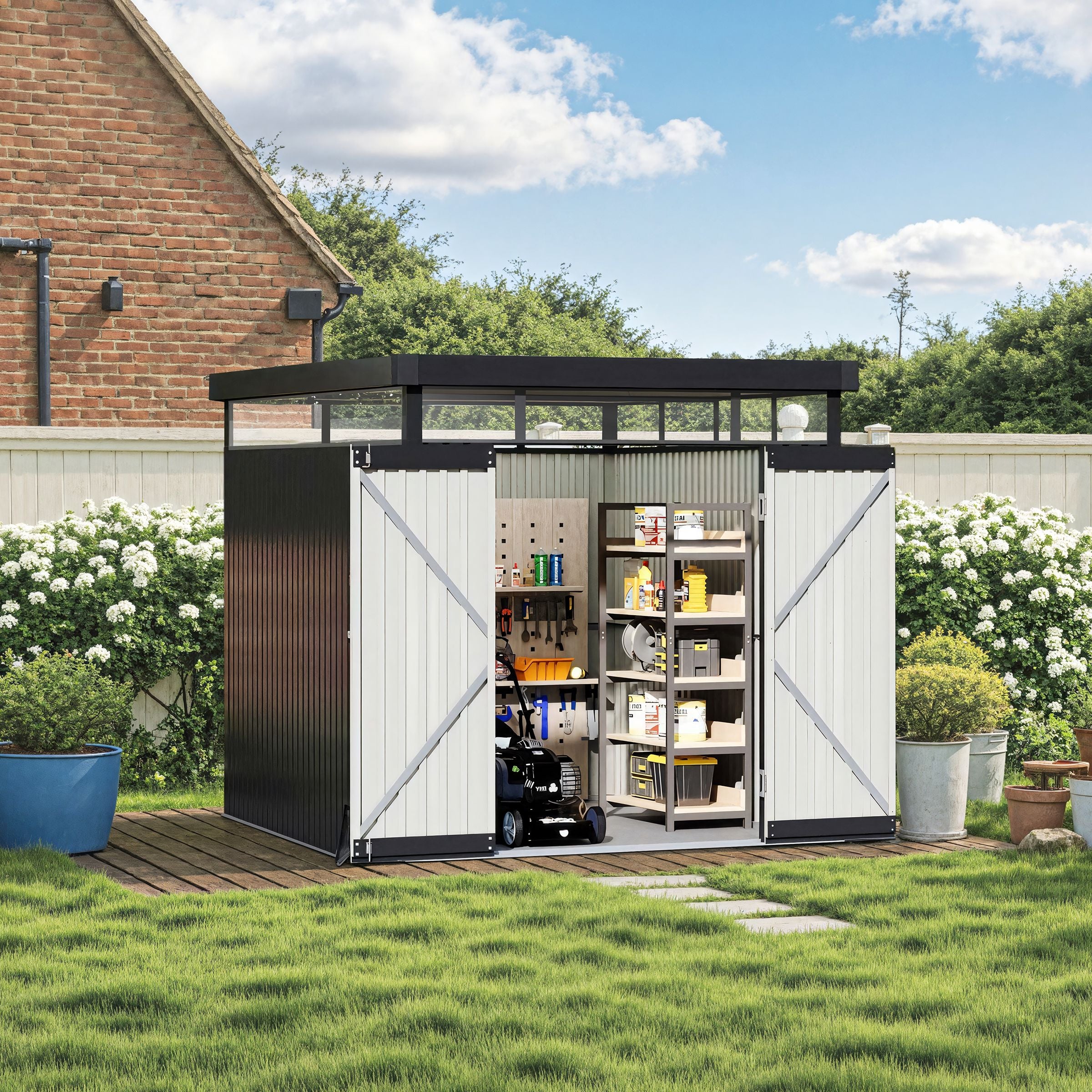 2x2.6x2m/1.6x2.6x2m/2.6x3x2m/4x3x2m Charcoal Black Galvanized Steel Storage Shed with Double/Single Lockable Doors Living and Home 2×2.6×2m 