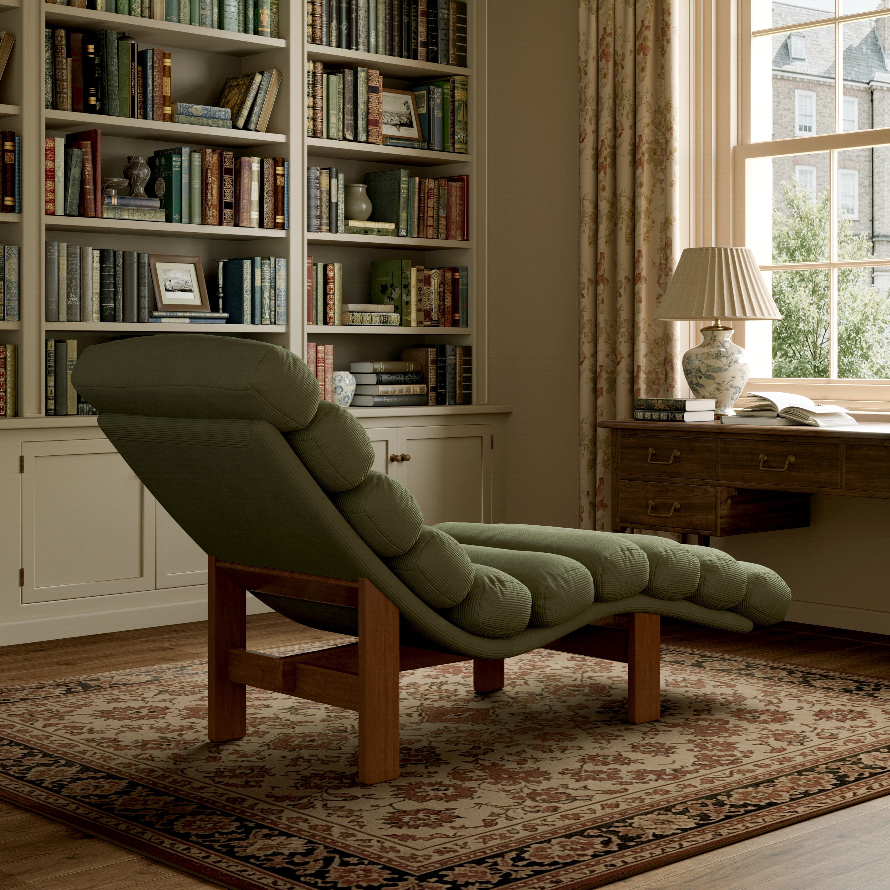 Cottonfy Modern Ergonomic Corduroy Chaise Lounge with Natural Wooden Frame Cottonfy UK 