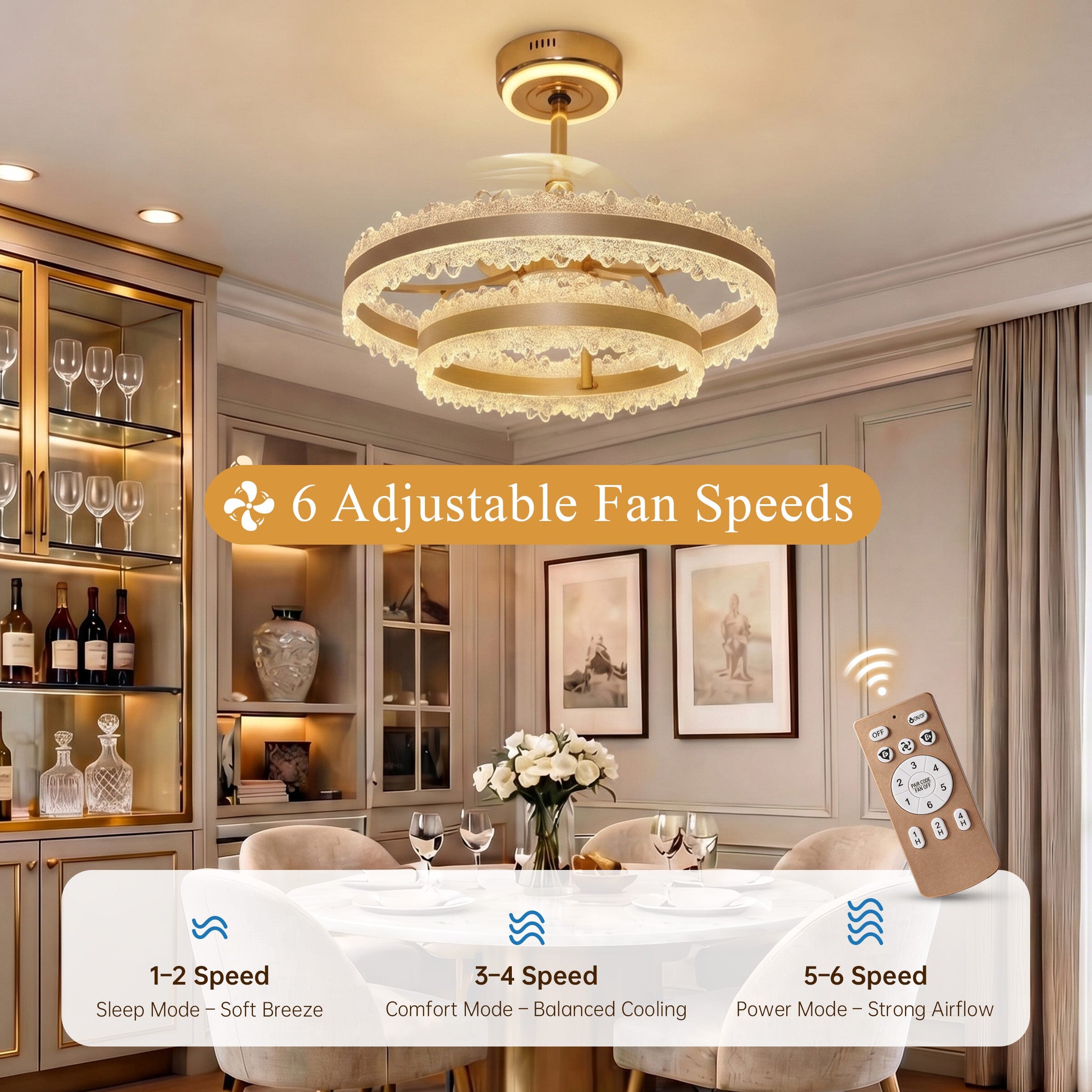 Six-speed gold halo ceiling fan light shown above a stylish dining room