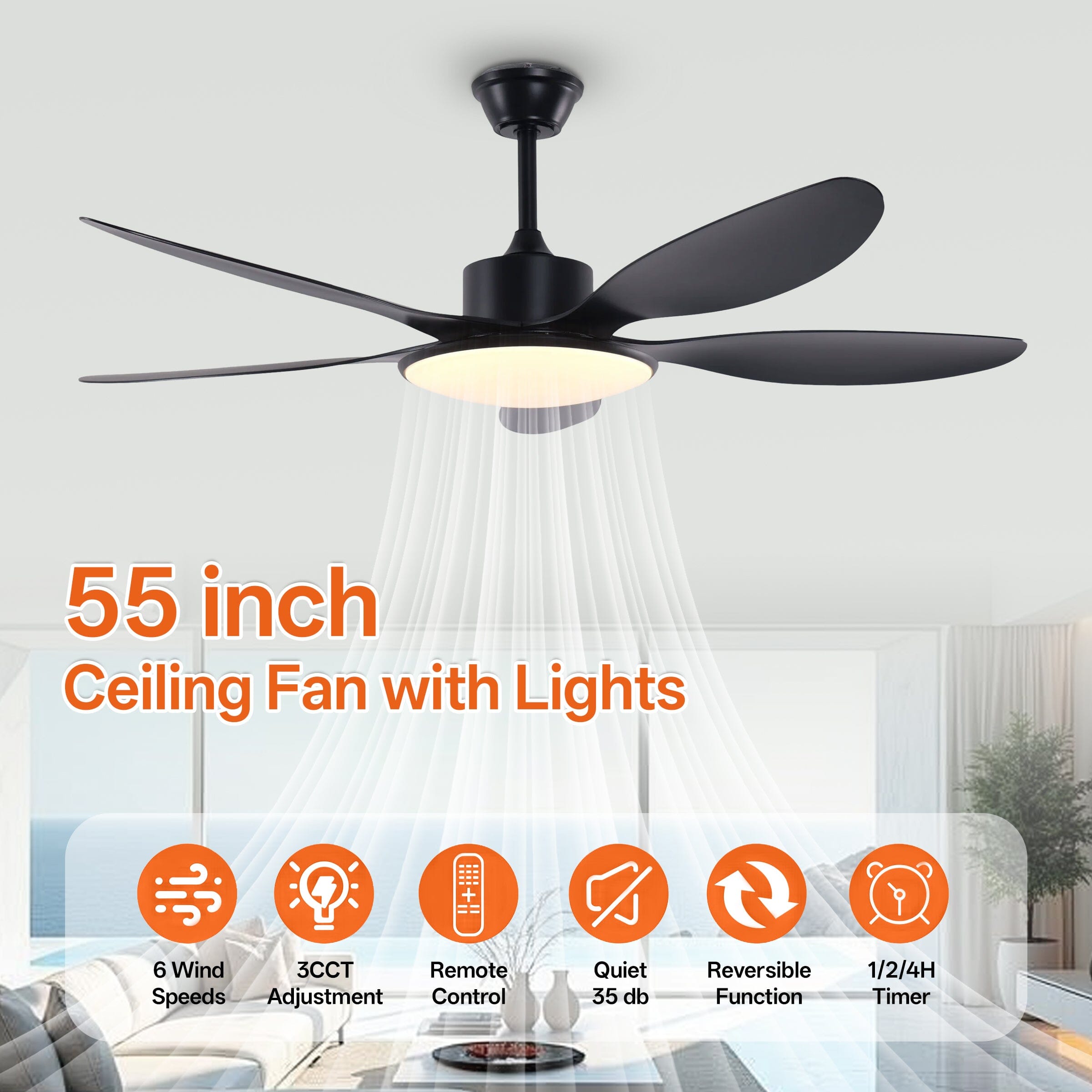 Lightsin 53-inch Modern Ceiling Fan with Light, Silent 5-Blade LED Fan with Remote Lightsin UK 