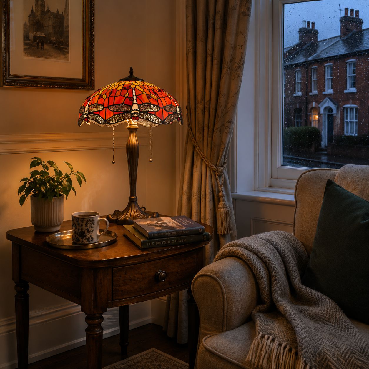 Orange dragonfly stained glass table lamp beside a cosy armchair